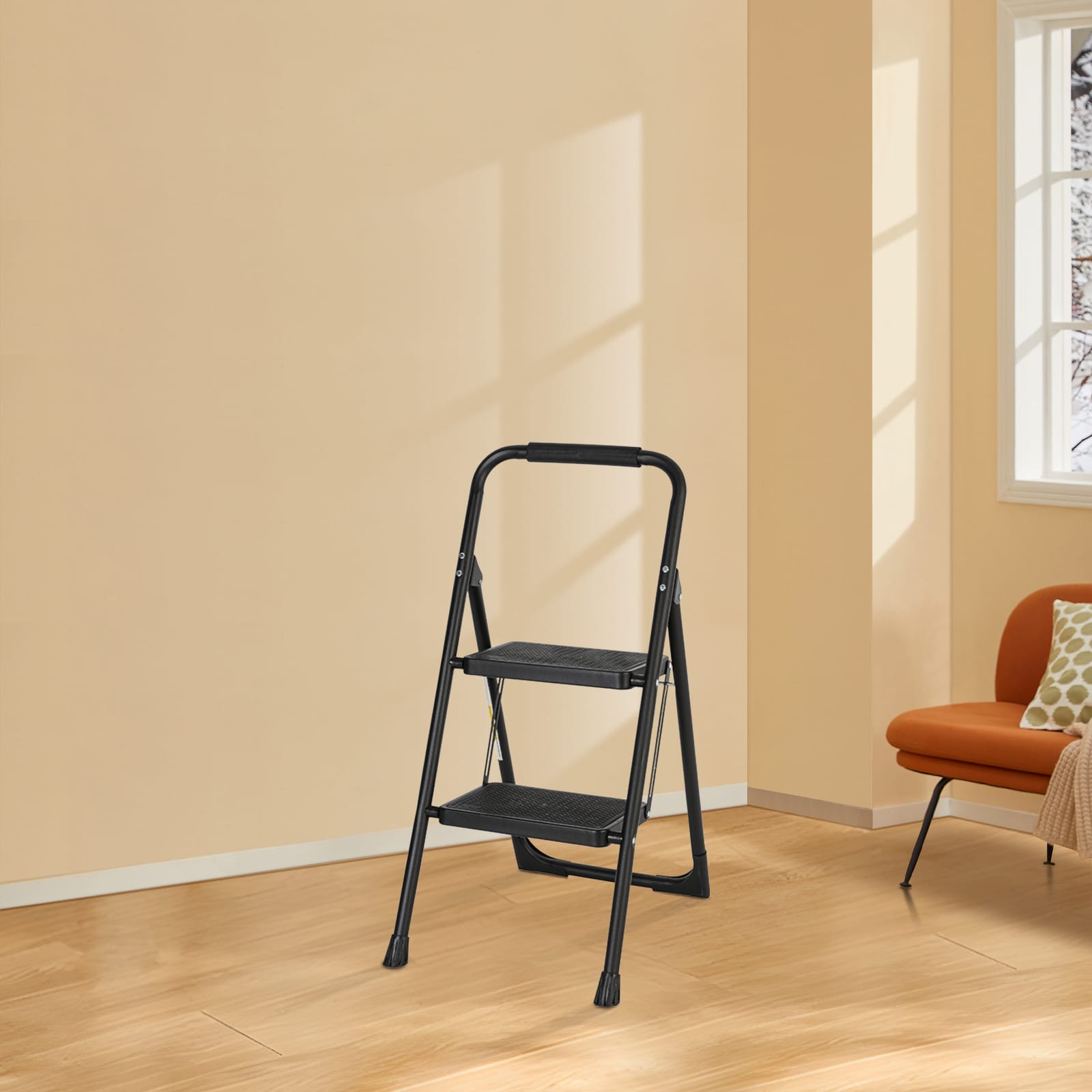 Taburete plegable de acero negro con capacidad de 330 libras de 2 peldaños Flynama J-V-106202