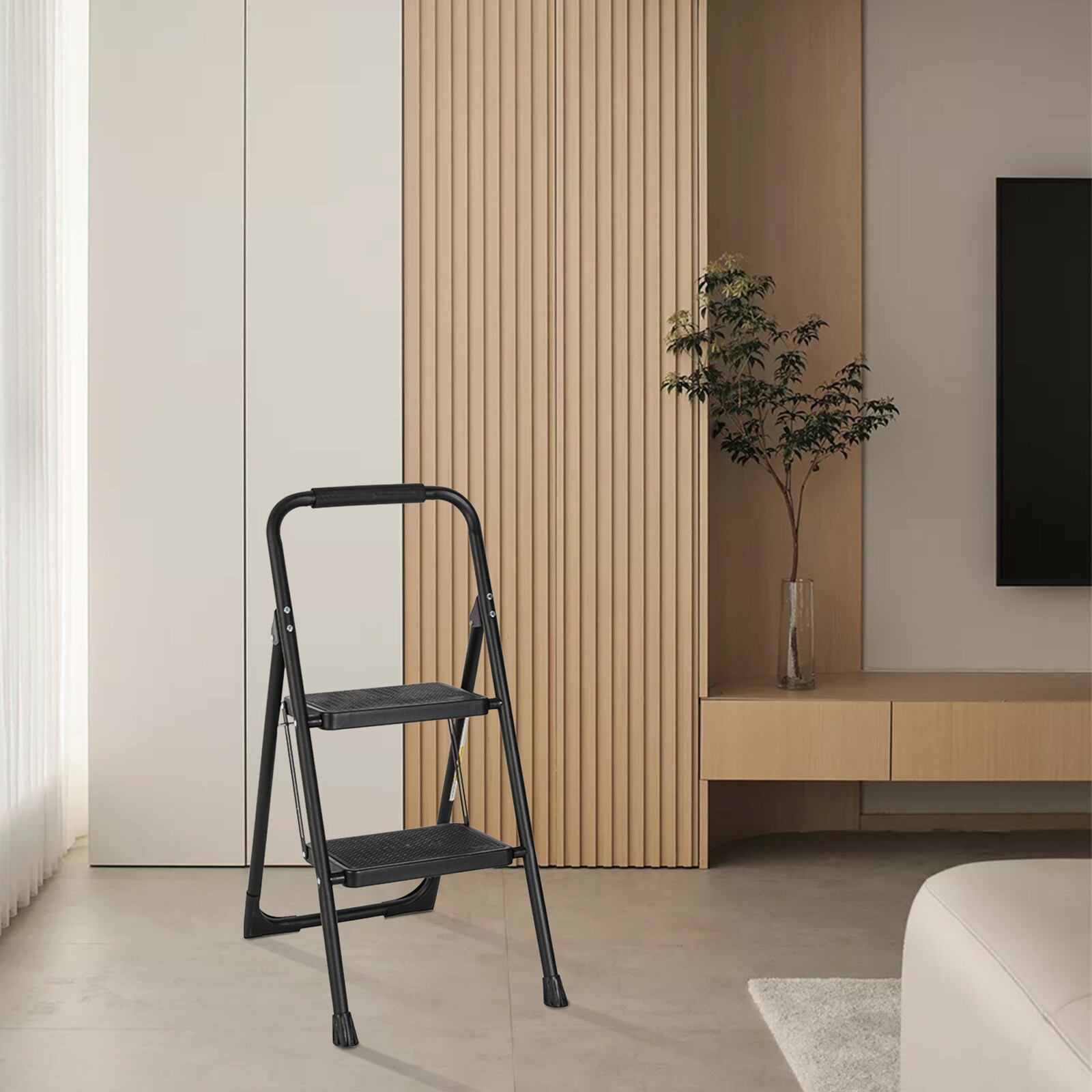 Taburete plegable de acero negro con capacidad de 330 libras de 2 peldaños Flynama J-V-106202
