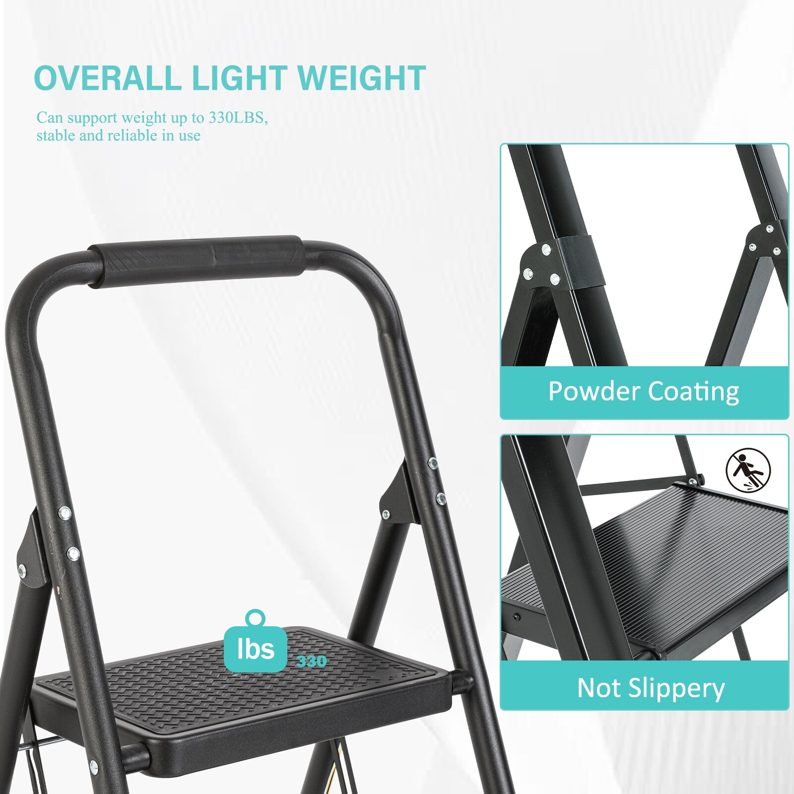 Taburete plegable de acero negro con capacidad de 330 libras de 2 peldaños Flynama J-V-106202