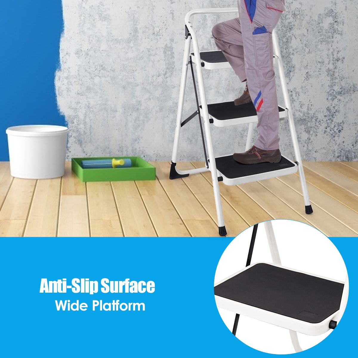 Taburete Plegable de Acero Negro WELLFOR 3.01 con Capacidad de 330 lbs. - Paso de 3 Peldaños TL-HGY-35248