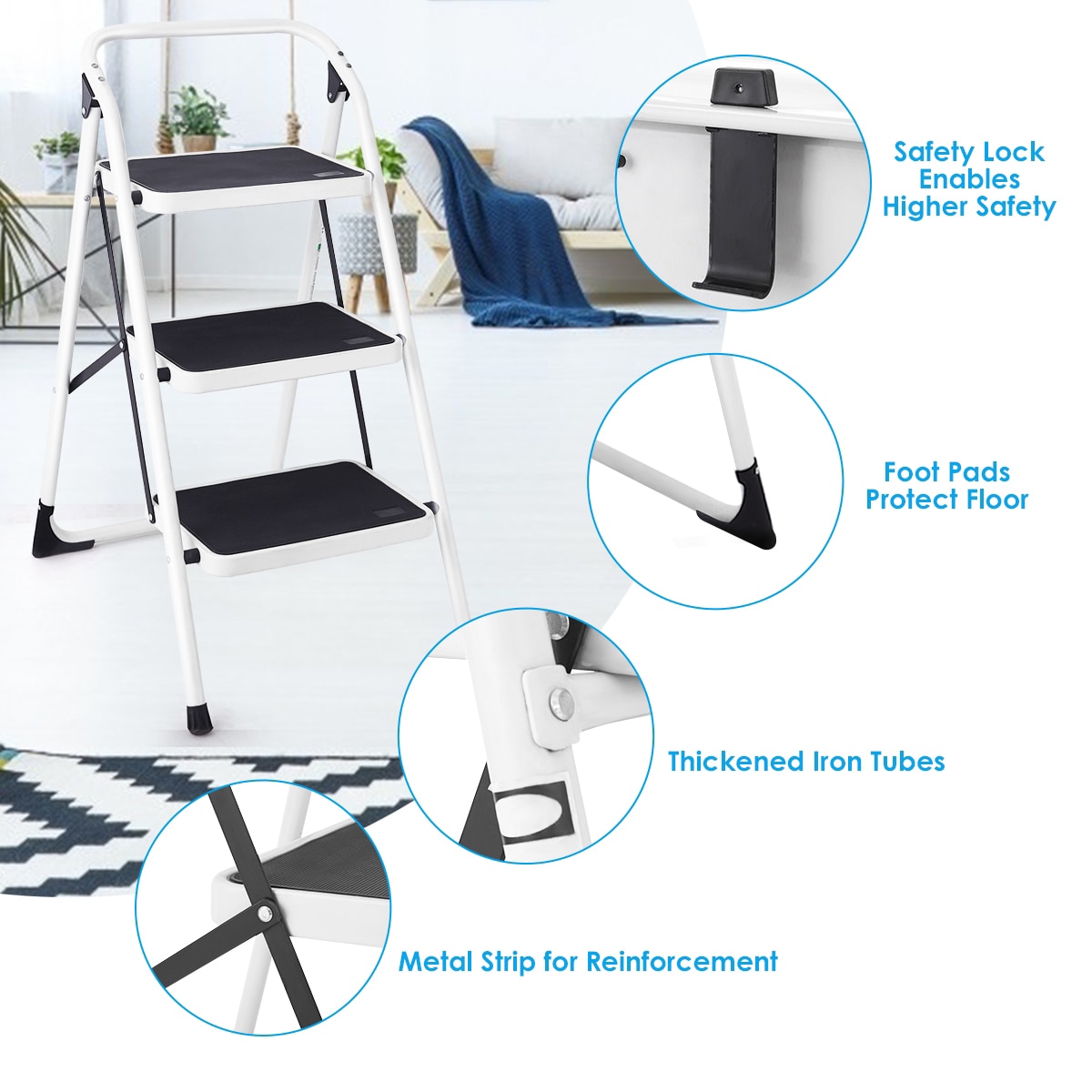 Taburete Plegable de Acero Negro WELLFOR 3.01 con Capacidad de 330 lbs. - Paso de 3 Peldaños TL-HGY-35248