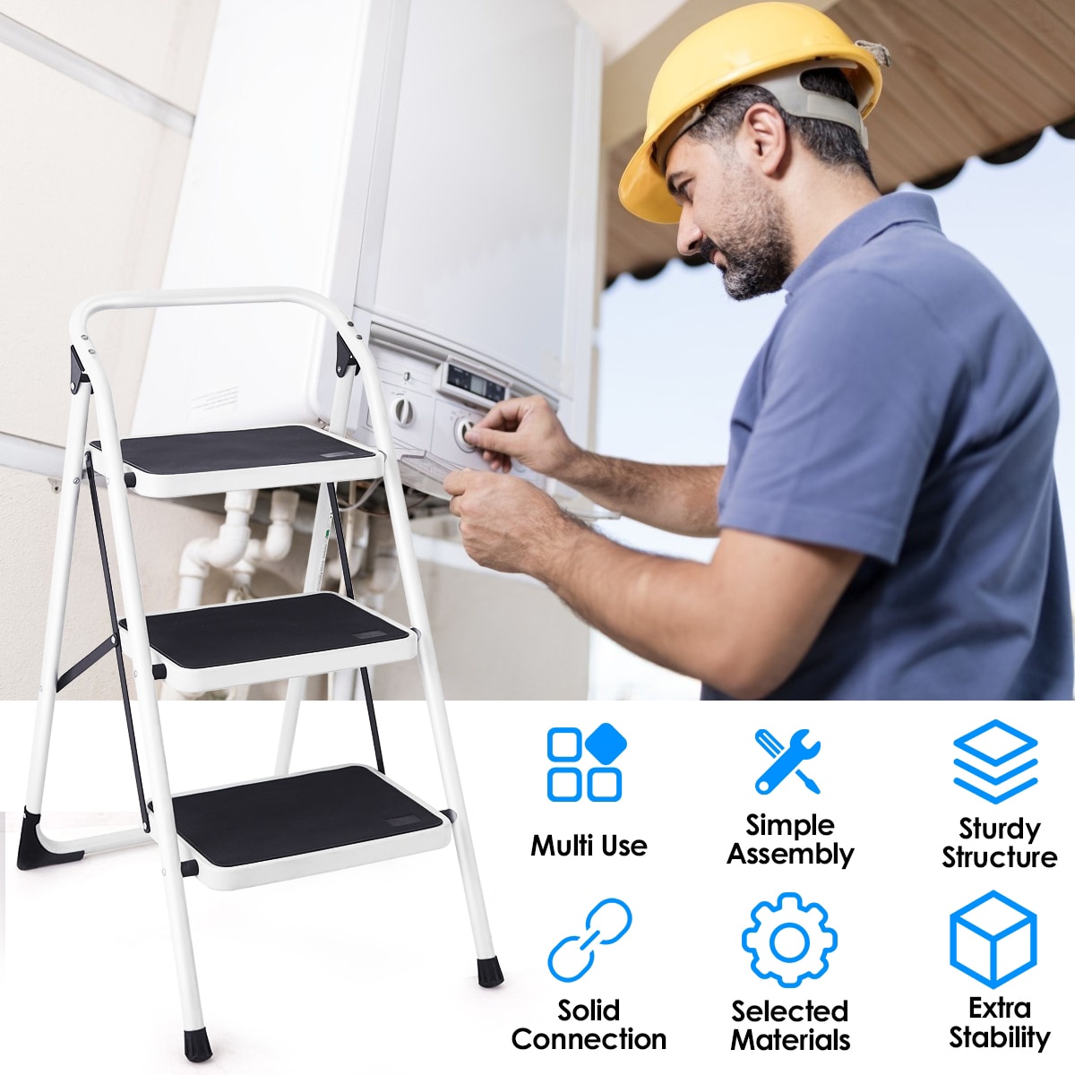 Taburete Plegable de Acero Negro WELLFOR 3.01 con Capacidad de 330 lbs. - Paso de 3 Peldaños TL-HGY-35248