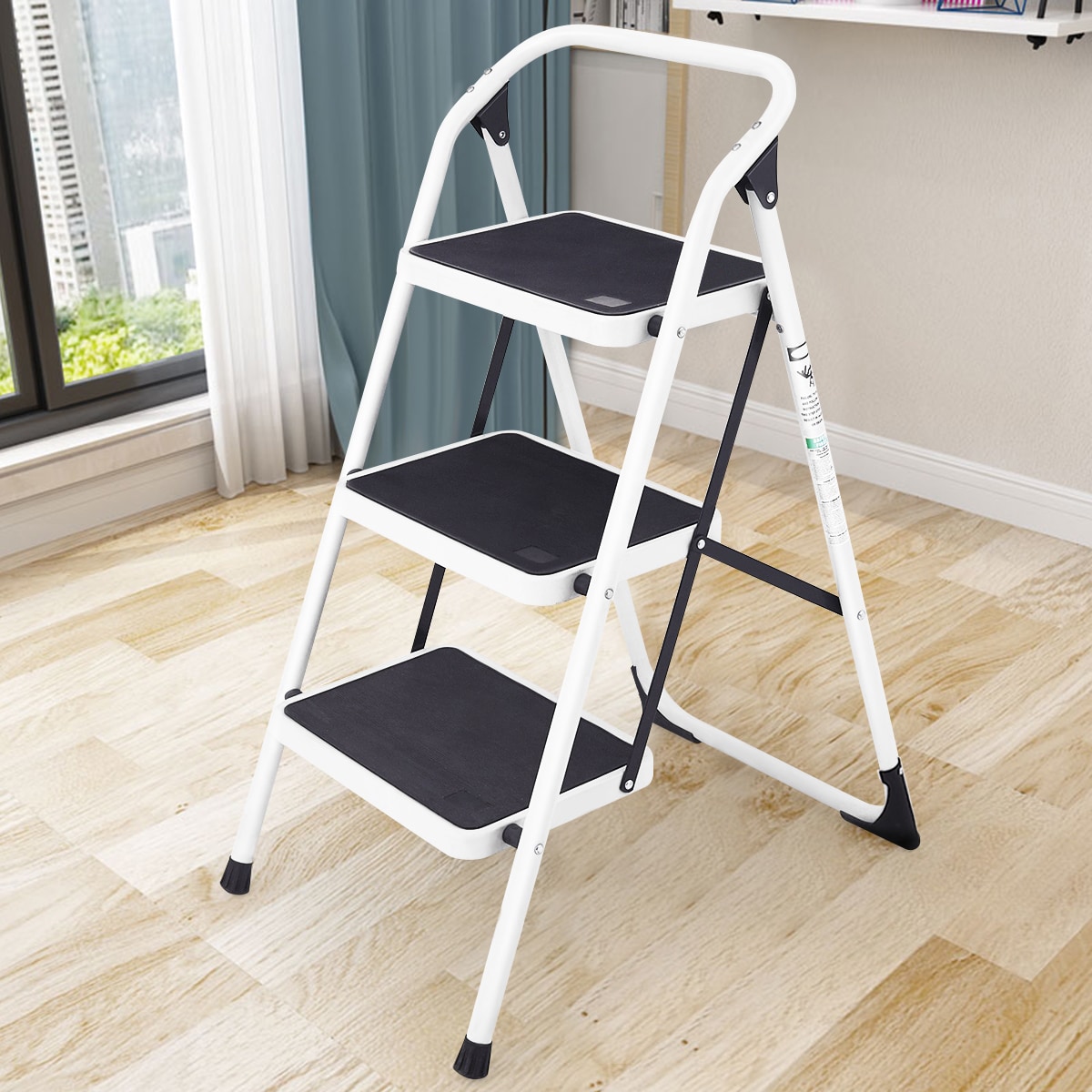 Taburete Plegable de Acero Negro WELLFOR 3.01 con Capacidad de 330 lbs. - Paso de 3 Peldaños TL-HGY-35248