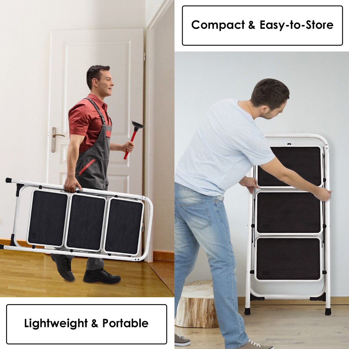 Taburete Plegable de Acero Negro WELLFOR 3.01 con Capacidad de 330 lbs. - Paso de 3 Peldaños TL-HGY-35248
