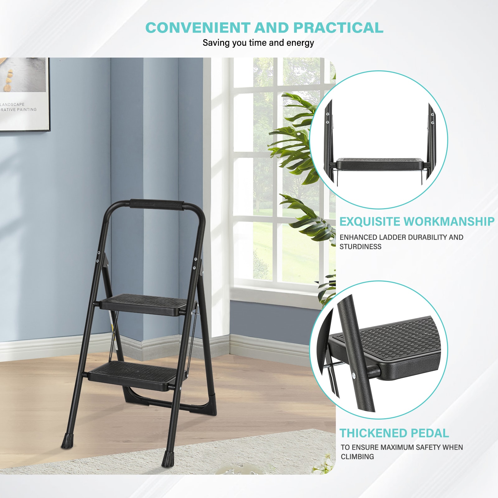 Banqueta plegable de acero negro Maocao Hoom 2 pasos con capacidad de 330 lb