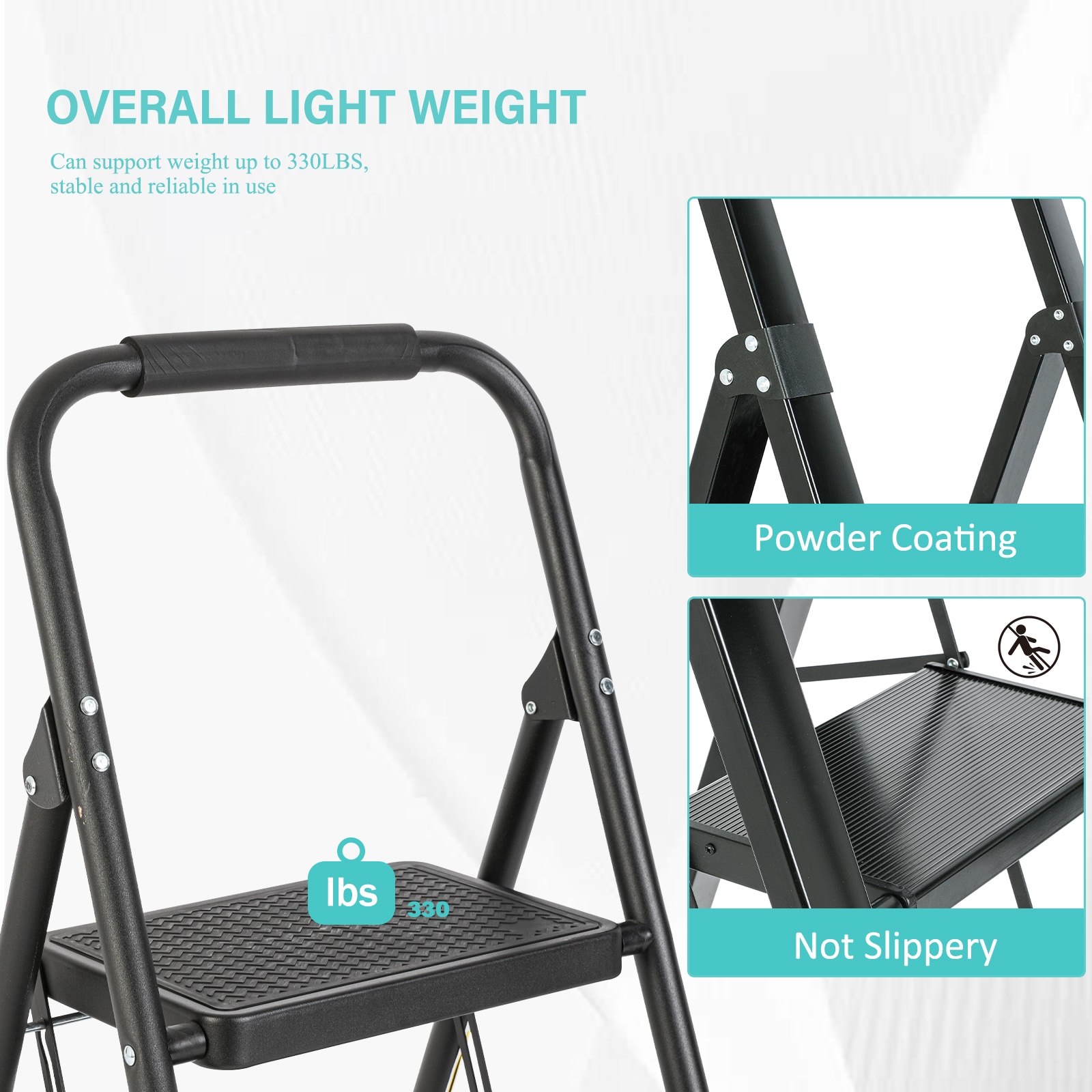 Banqueta plegable de acero negro Maocao Hoom 2 pasos con capacidad de 330 lb