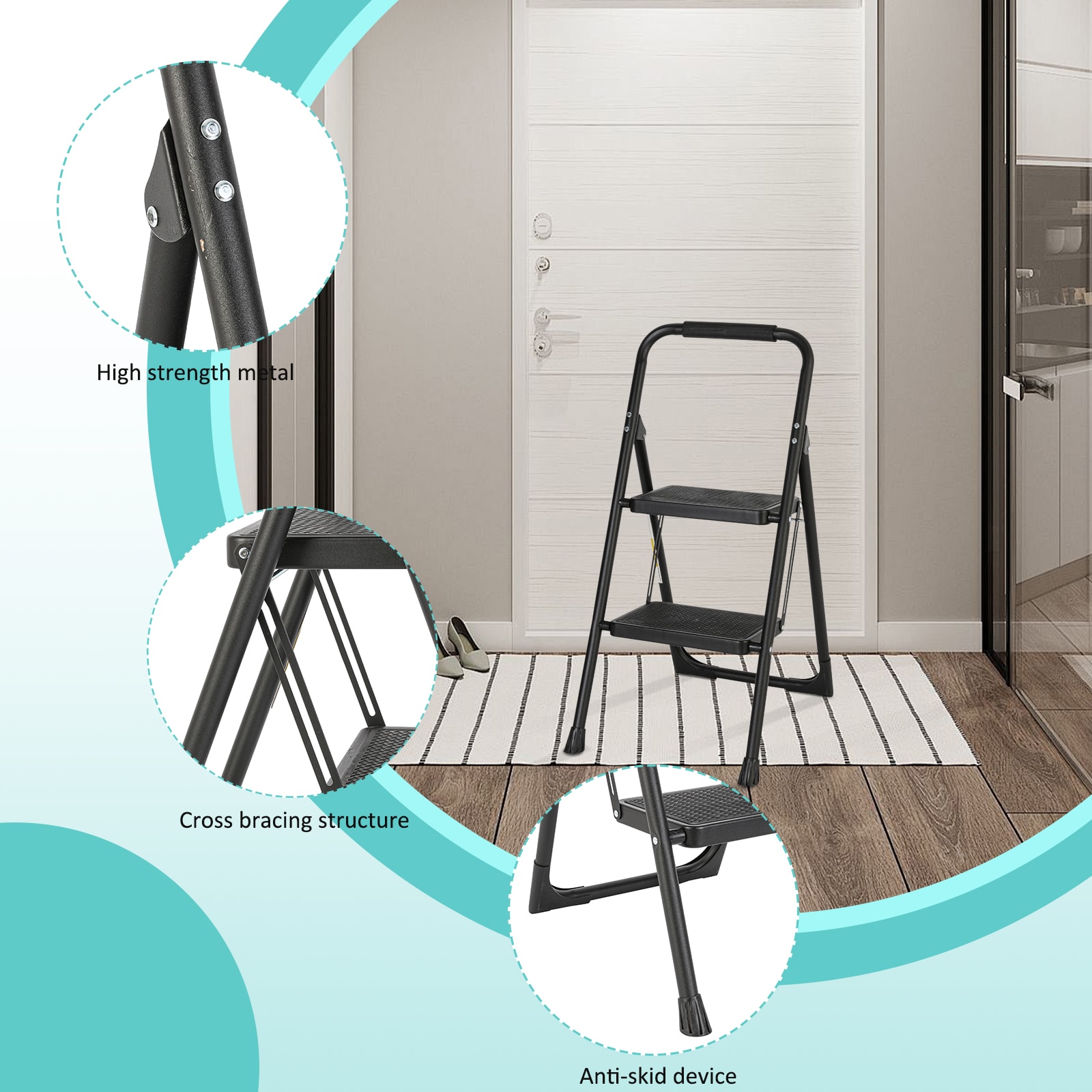 Banqueta plegable de acero negro Maocao Hoom 2 pasos con capacidad de 330 lb