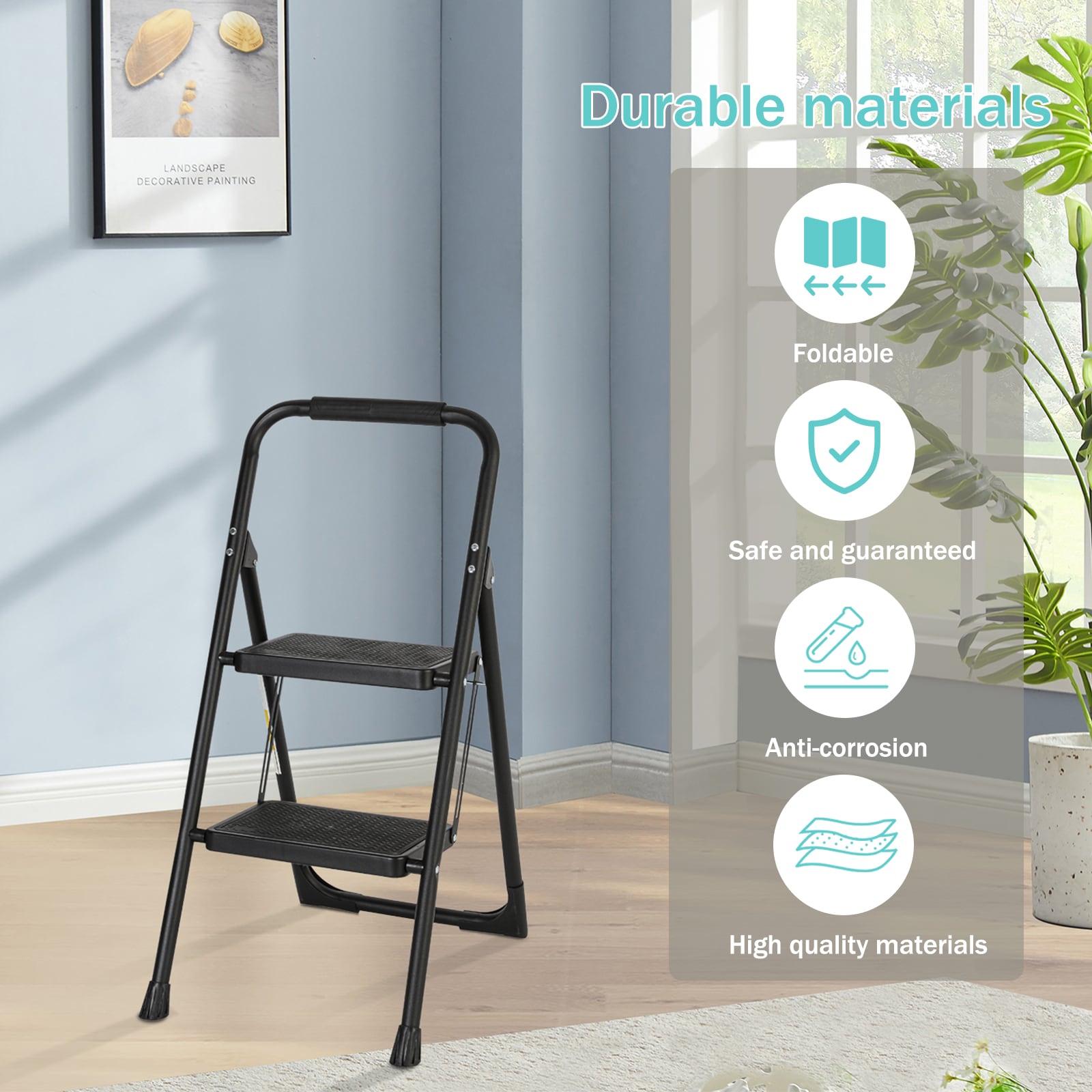 Banqueta plegable de acero negro Maocao Hoom 2 pasos con capacidad de 330 lb