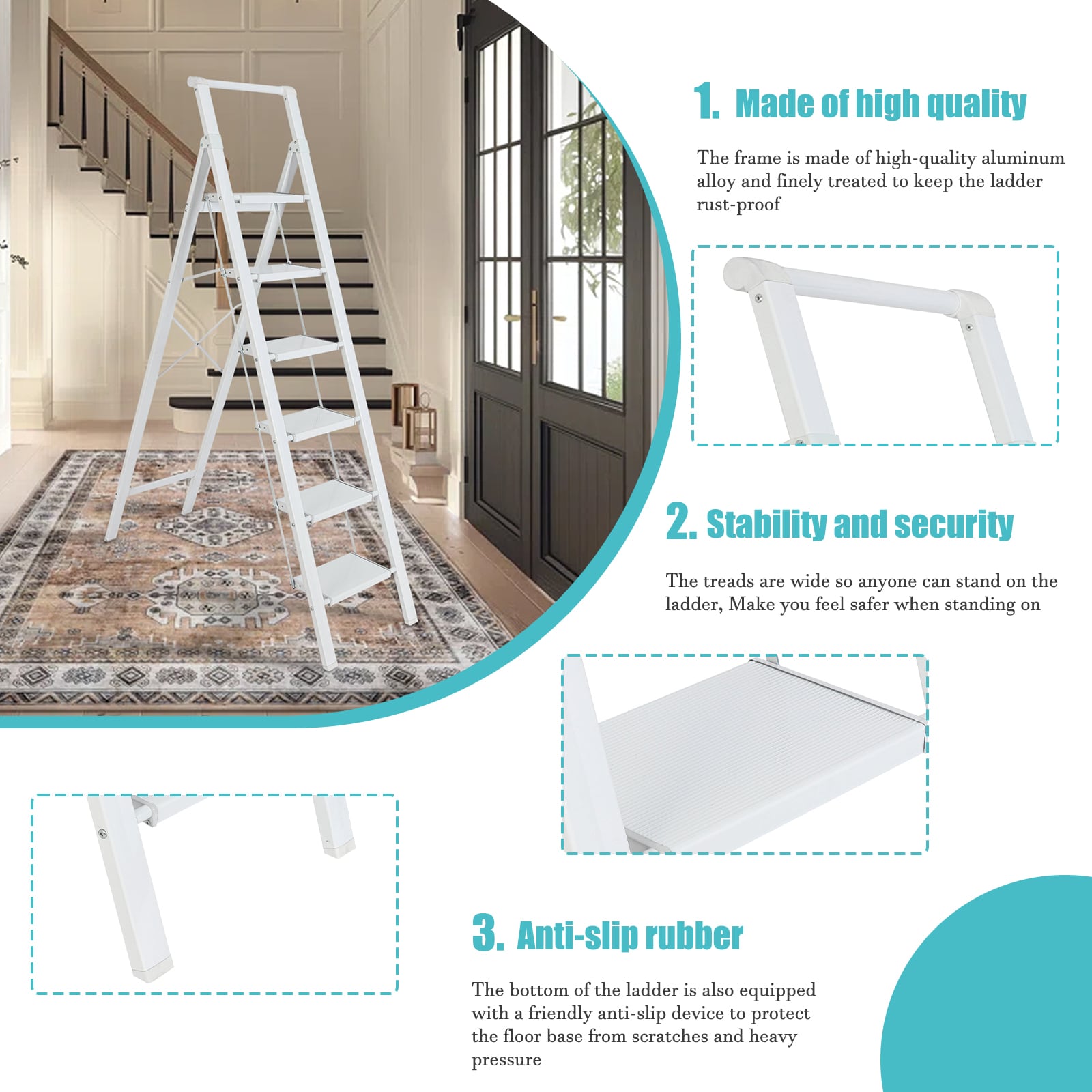 Taburete plegable blanco de aluminio con capacidad de 330 libras y 6 peldaños Maocao Hoom - Modelo JL-A4-L6S