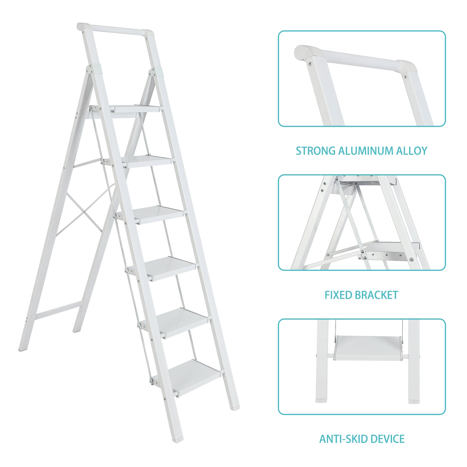 Taburete plegable blanco de aluminio con capacidad de 330 libras y 6 peldaños Maocao Hoom - Modelo JL-A4-L6S