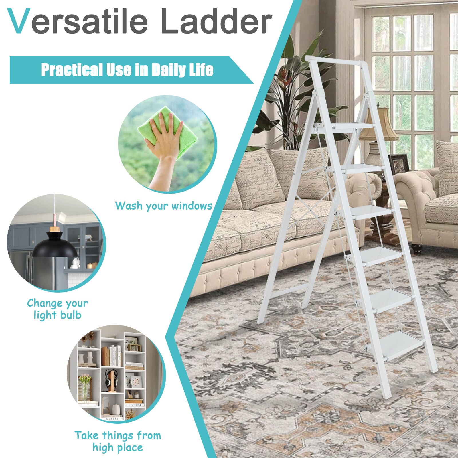 Taburete plegable blanco de aluminio con capacidad de 330 libras y 6 peldaños Maocao Hoom - Modelo JL-A4-L6S