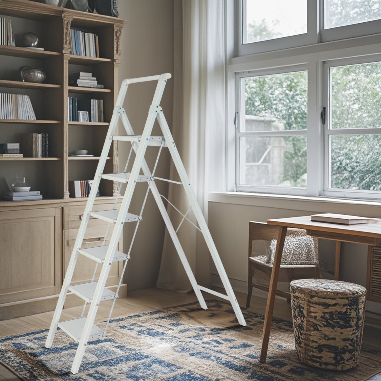 Taburete plegable blanco de aluminio con capacidad de 330 libras y 6 peldaños Maocao Hoom - Modelo JL-A4-L6S