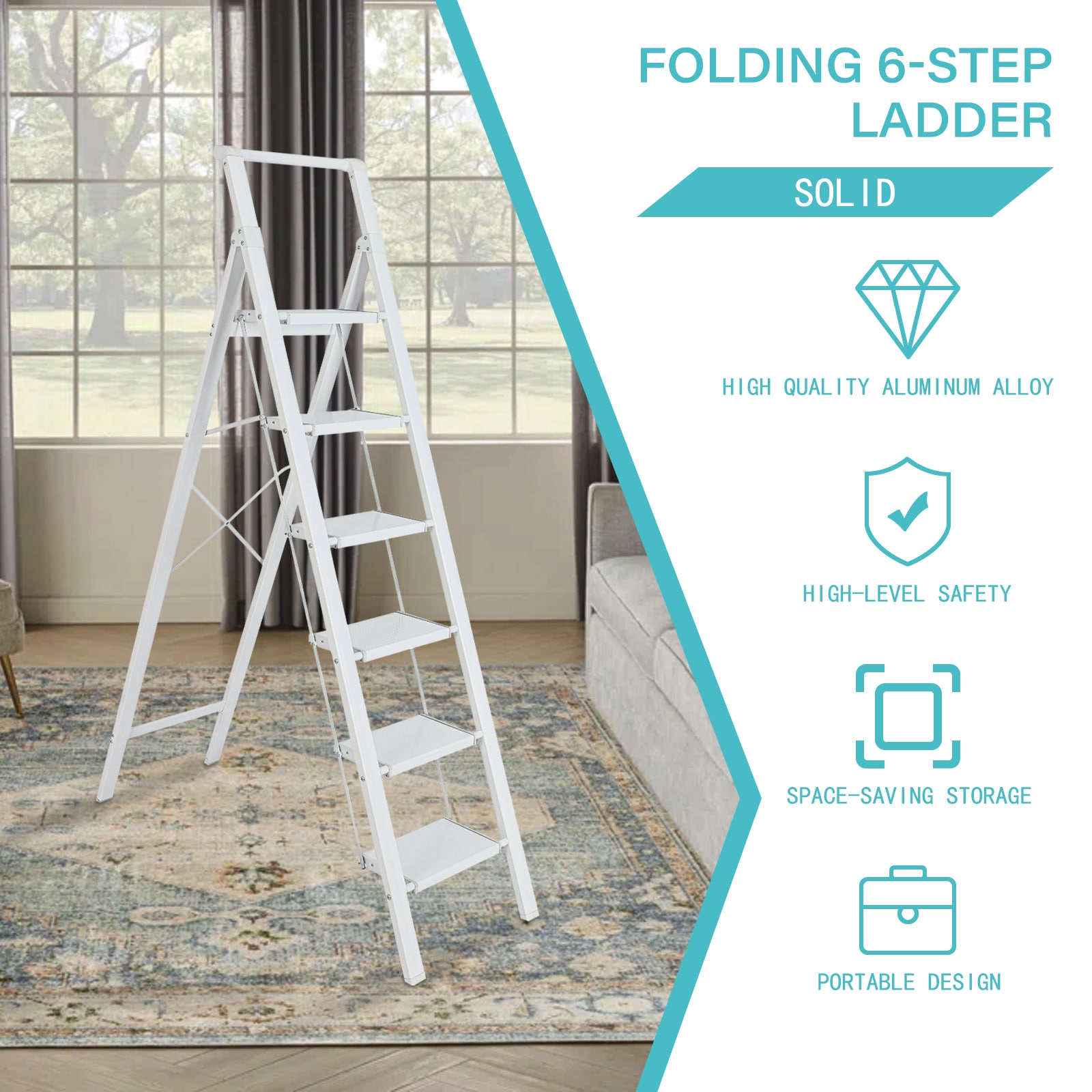 Taburete plegable blanco de aluminio con capacidad de 330 libras y 6 peldaños Maocao Hoom - Modelo JL-A4-L6S