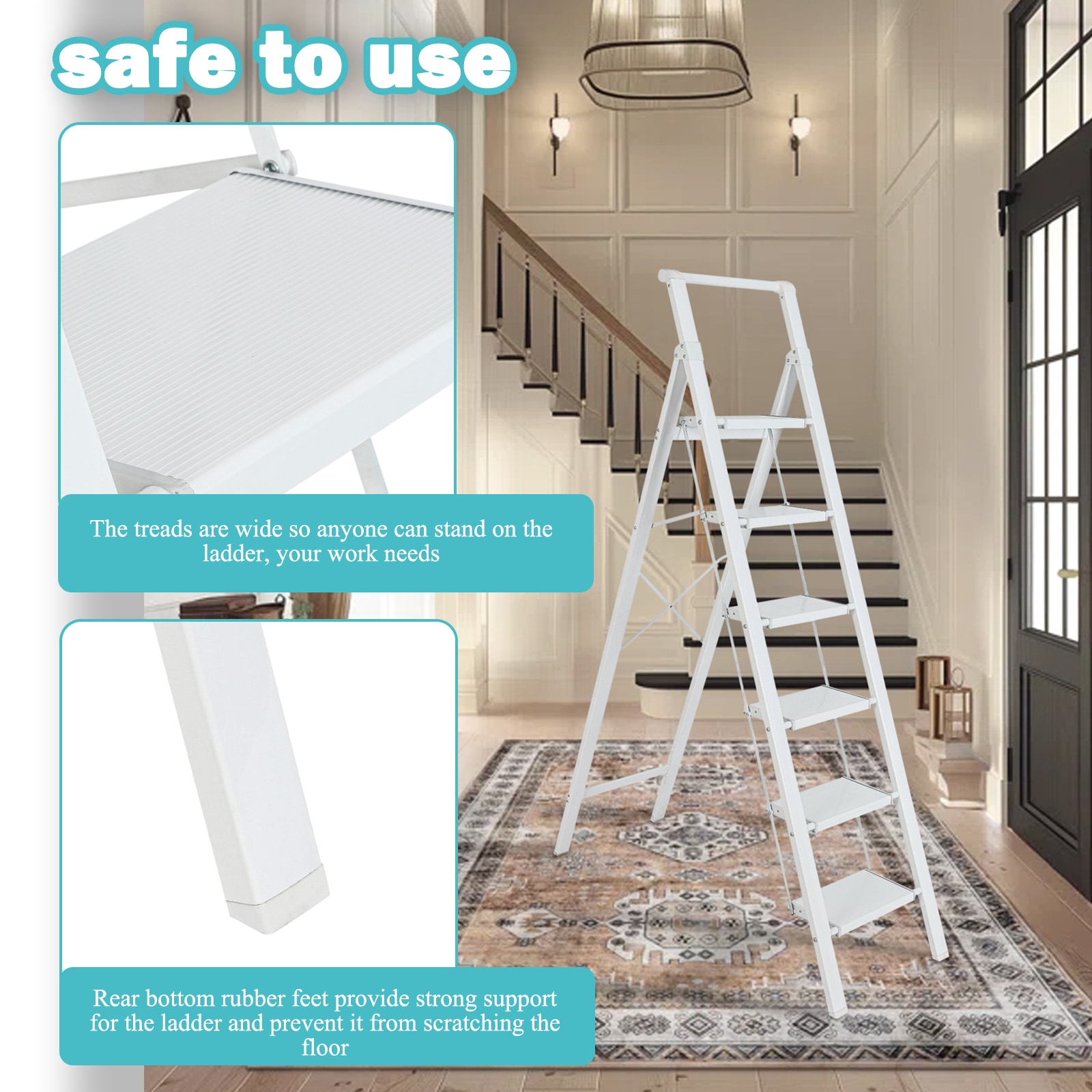 Taburete plegable blanco de aluminio con capacidad de 330 libras y 6 peldaños Maocao Hoom - Modelo JL-A4-L6S
