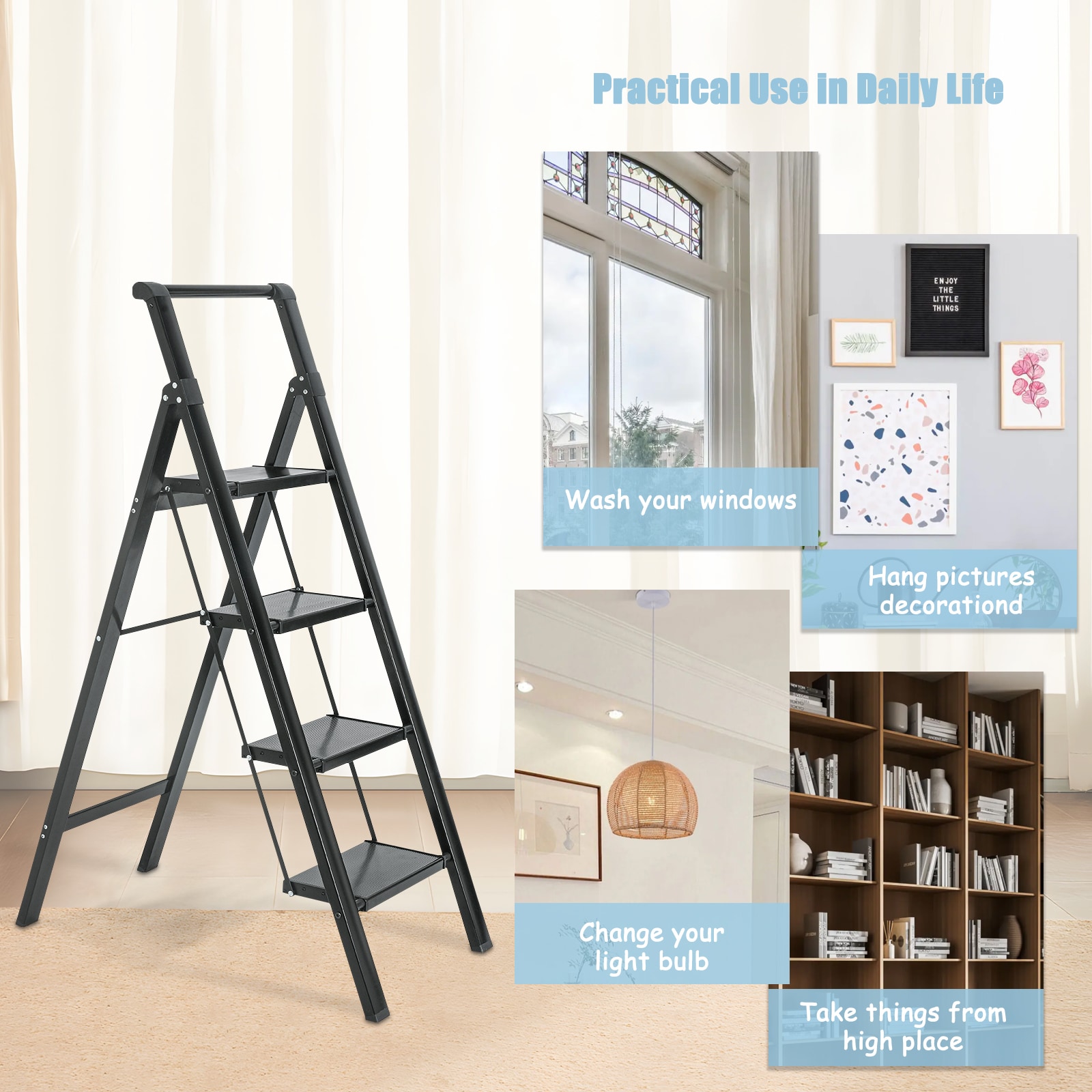 Escalón Plegable de Aluminio Negro con Capacidad de 330 lbs. de Maocao Hoom de 4 Pasos MZH43054