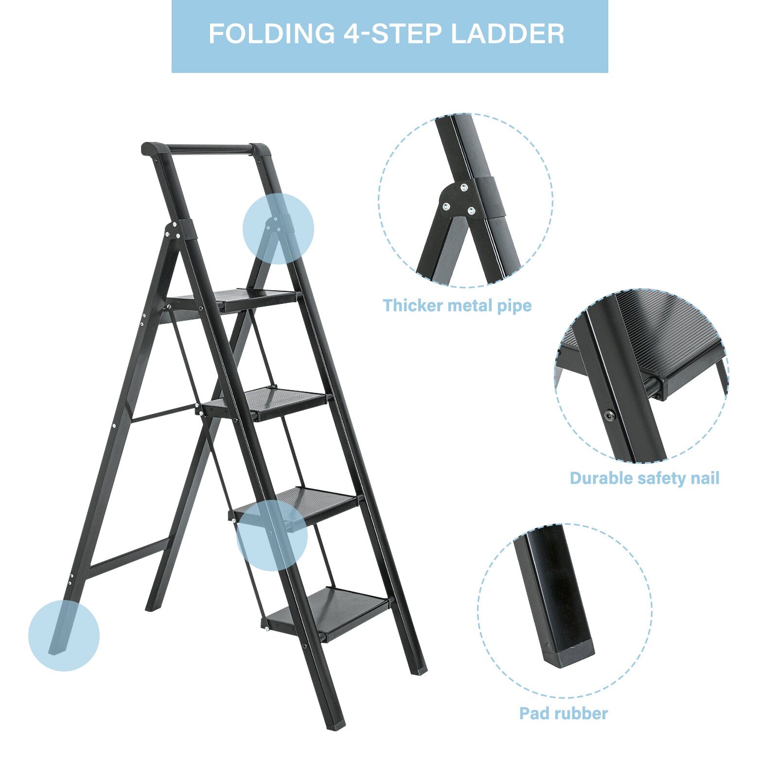 Escalón Plegable de Aluminio Negro con Capacidad de 330 lbs. de Maocao Hoom de 4 Pasos MZH43054