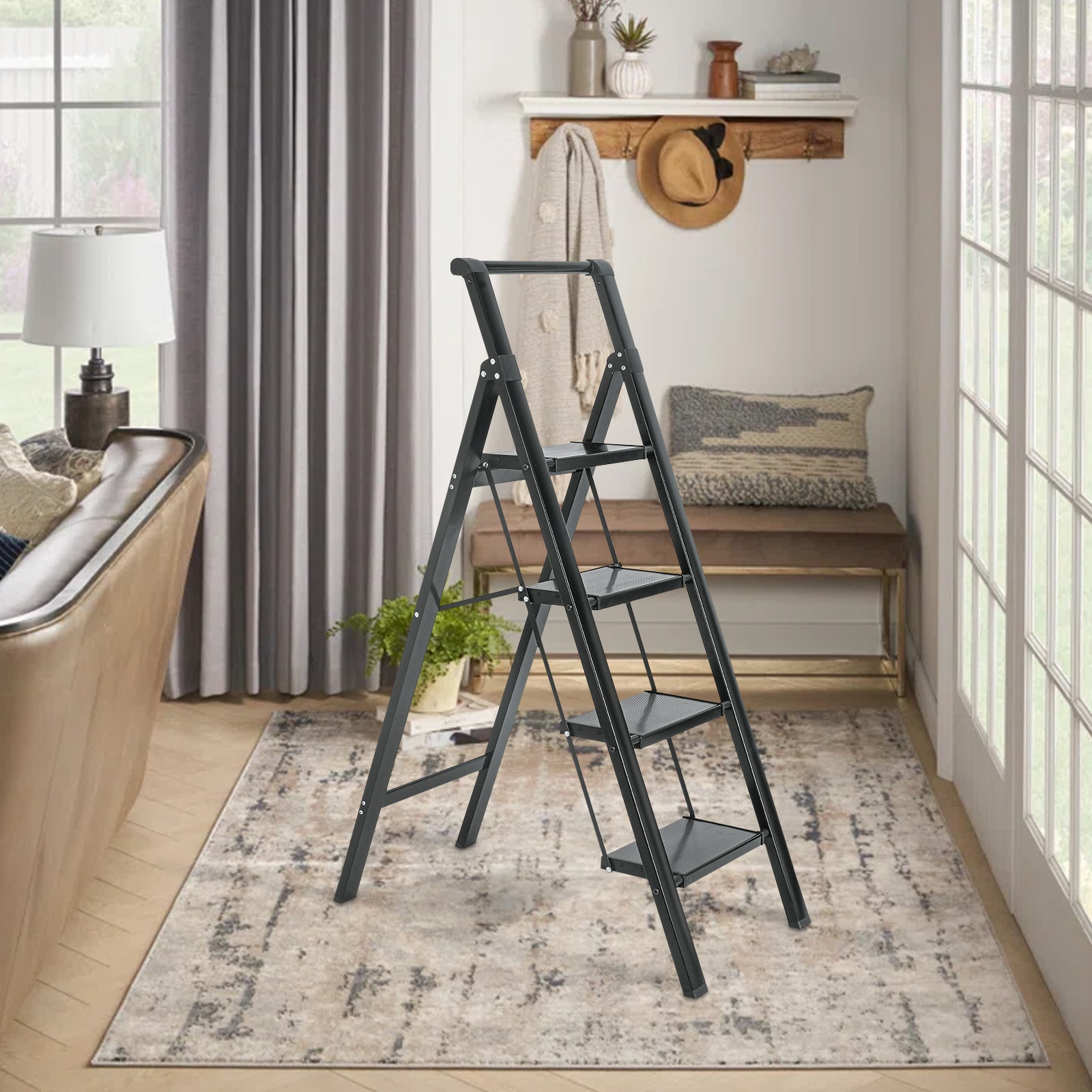 Escalón Plegable de Aluminio Negro con Capacidad de 330 lbs. de Maocao Hoom de 4 Pasos MZH43054