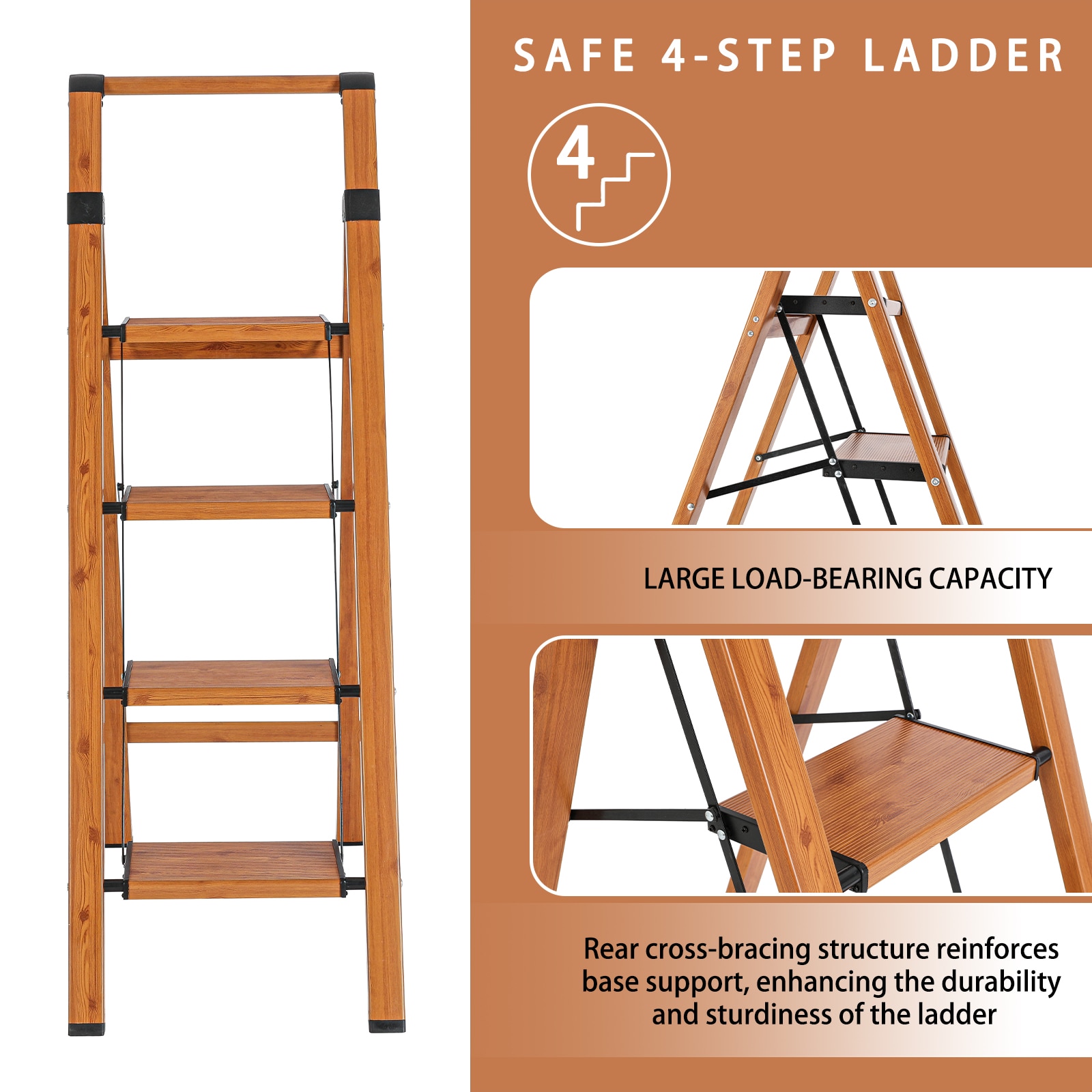 Banca escalera plegable de aluminio marrón Maocao Hoom 4 pasos con capacidad de 330 lb