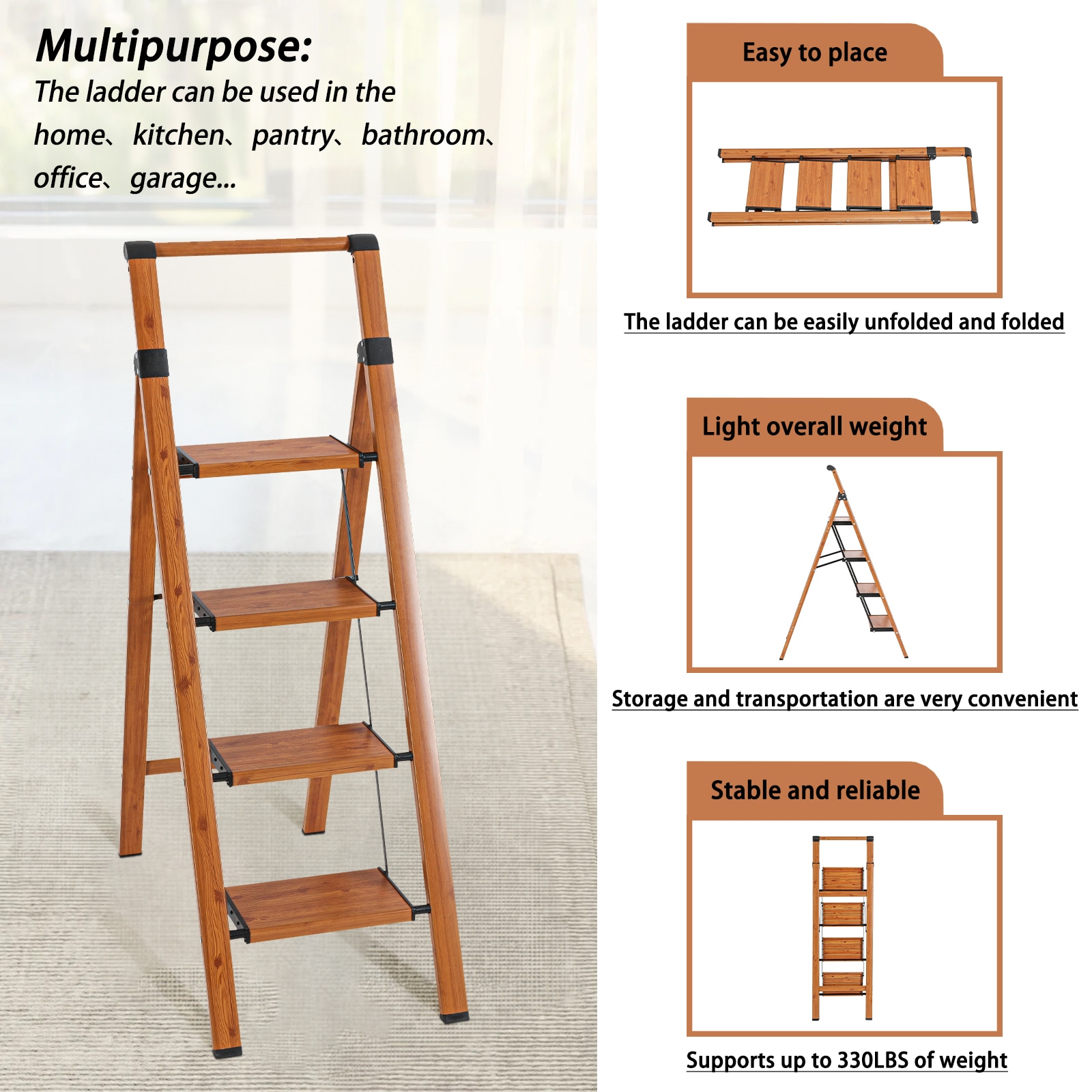 Banca escalera plegable de aluminio marrón Maocao Hoom 4 pasos con capacidad de 330 lb