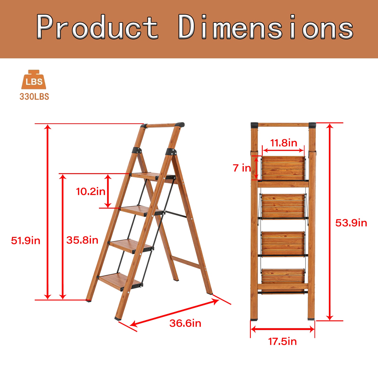 Banca escalera plegable de aluminio marrón Maocao Hoom 4 pasos con capacidad de 330 lb