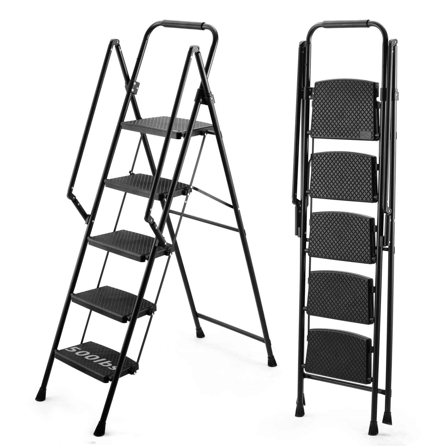 Banquillo Plegable de Acero Negro con Capacidad de 300 libras y 5 Pasos WELLFOR TL-HGY-35590