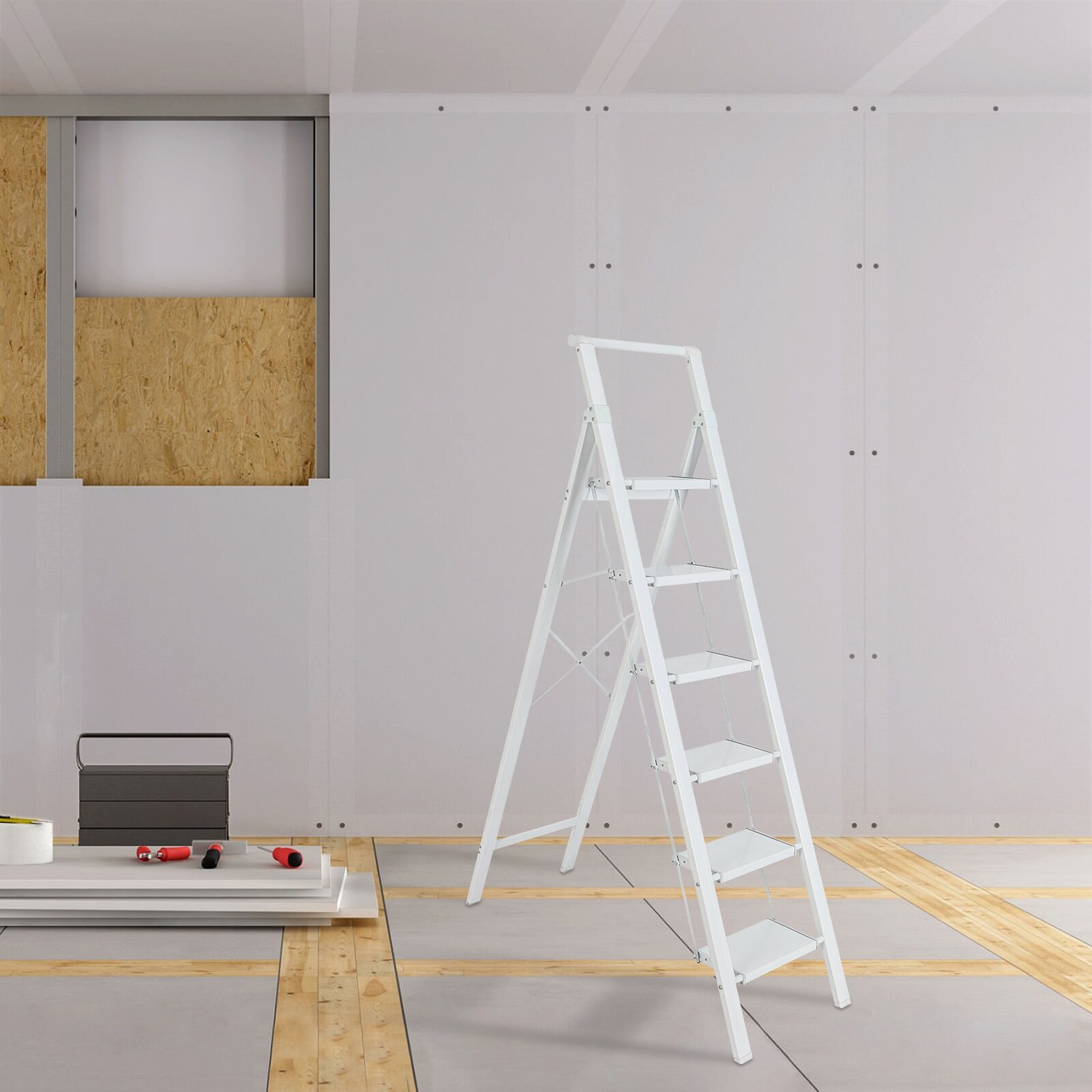 Taburete plegable blanco de aluminio Maocao Hoom de 6 peldaños con capacidad de 330 lb
