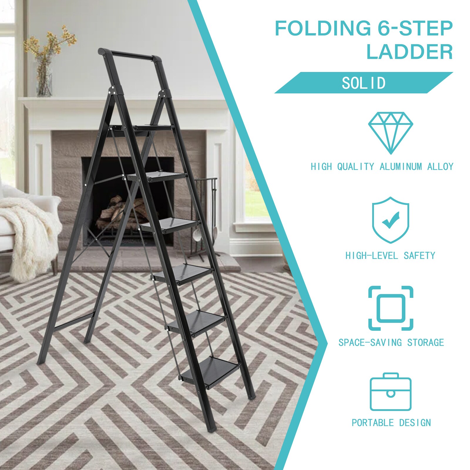 Taburete plegable Maocao Hoom de aluminio negro con capacidad de 330 libras y 6 escalones