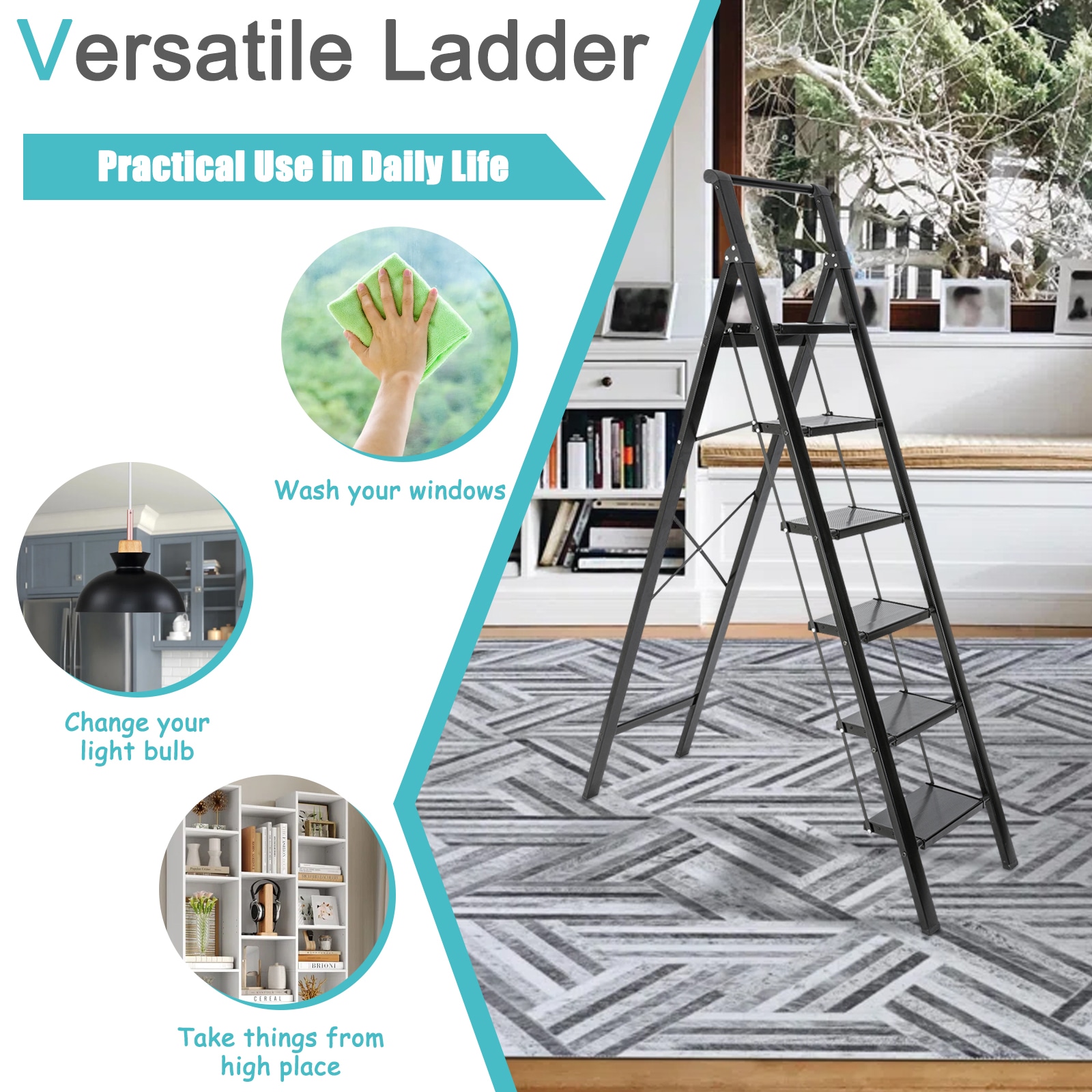 Taburete plegable Maocao Hoom de aluminio negro con capacidad de 330 libras y 6 escalones