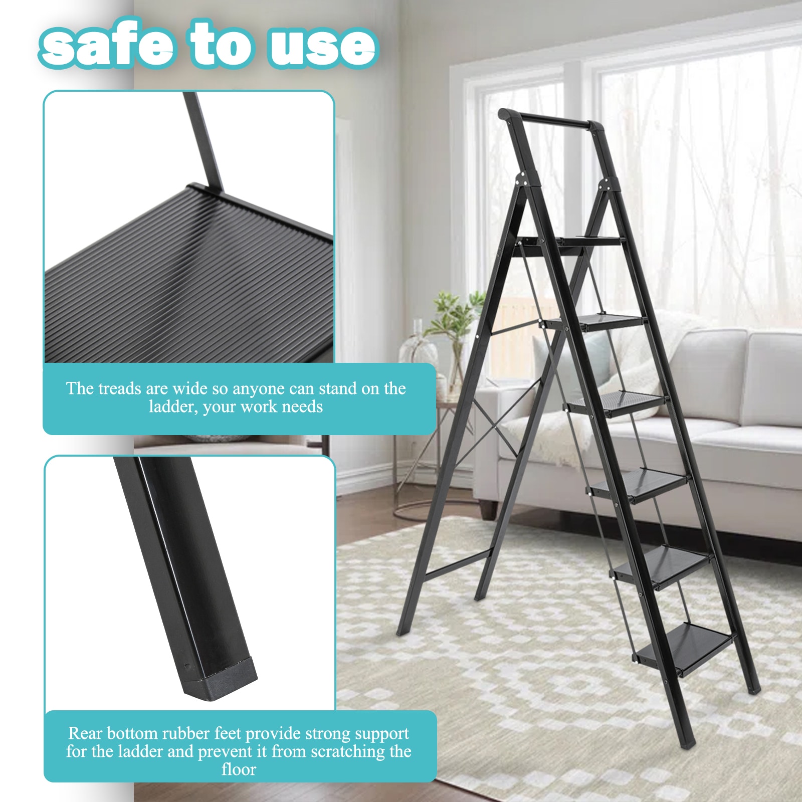 Taburete plegable Maocao Hoom de aluminio negro con capacidad de 330 libras y 6 escalones