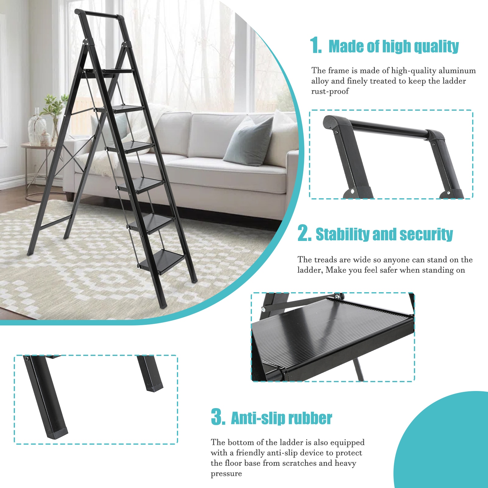 Taburete plegable Maocao Hoom de aluminio negro con capacidad de 330 libras y 6 escalones