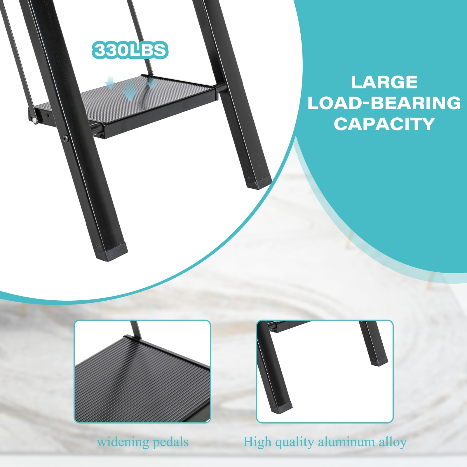Taburete plegable Maocao Hoom de aluminio negro con capacidad de 330 libras y 6 escalones