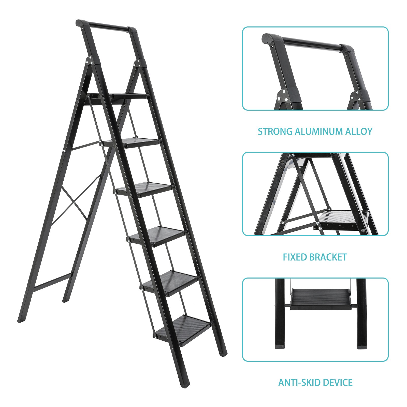 Taburete plegable Maocao Hoom de aluminio negro con capacidad de 330 libras y 6 escalones