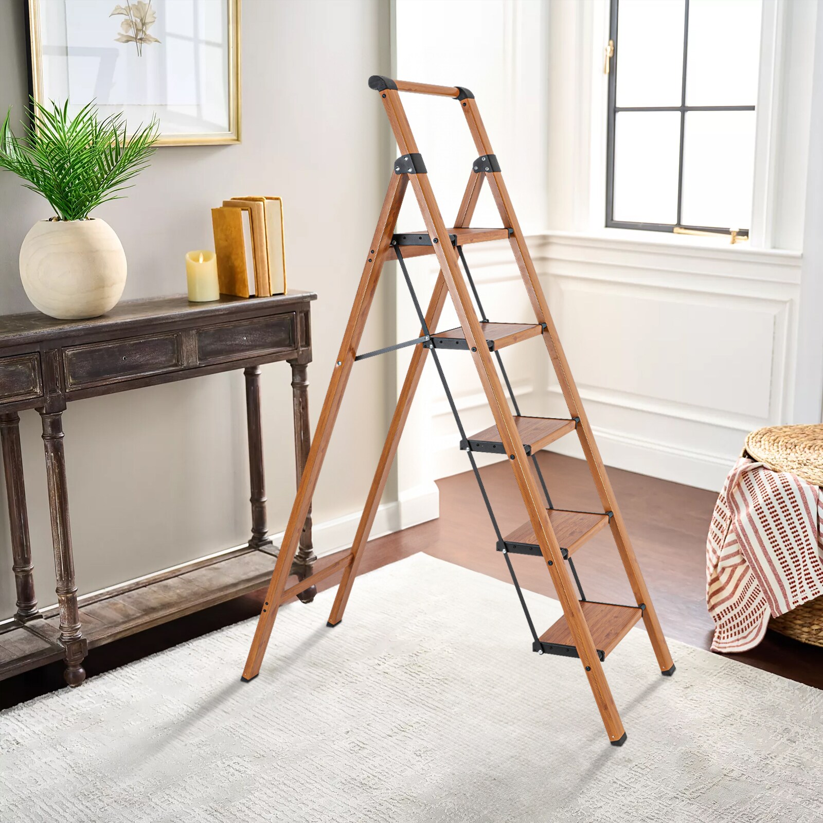 Taburete Plegable de Aluminio Marrón Maocao Hoom con Capacidad de 330 lbs y 5 Peldaños
