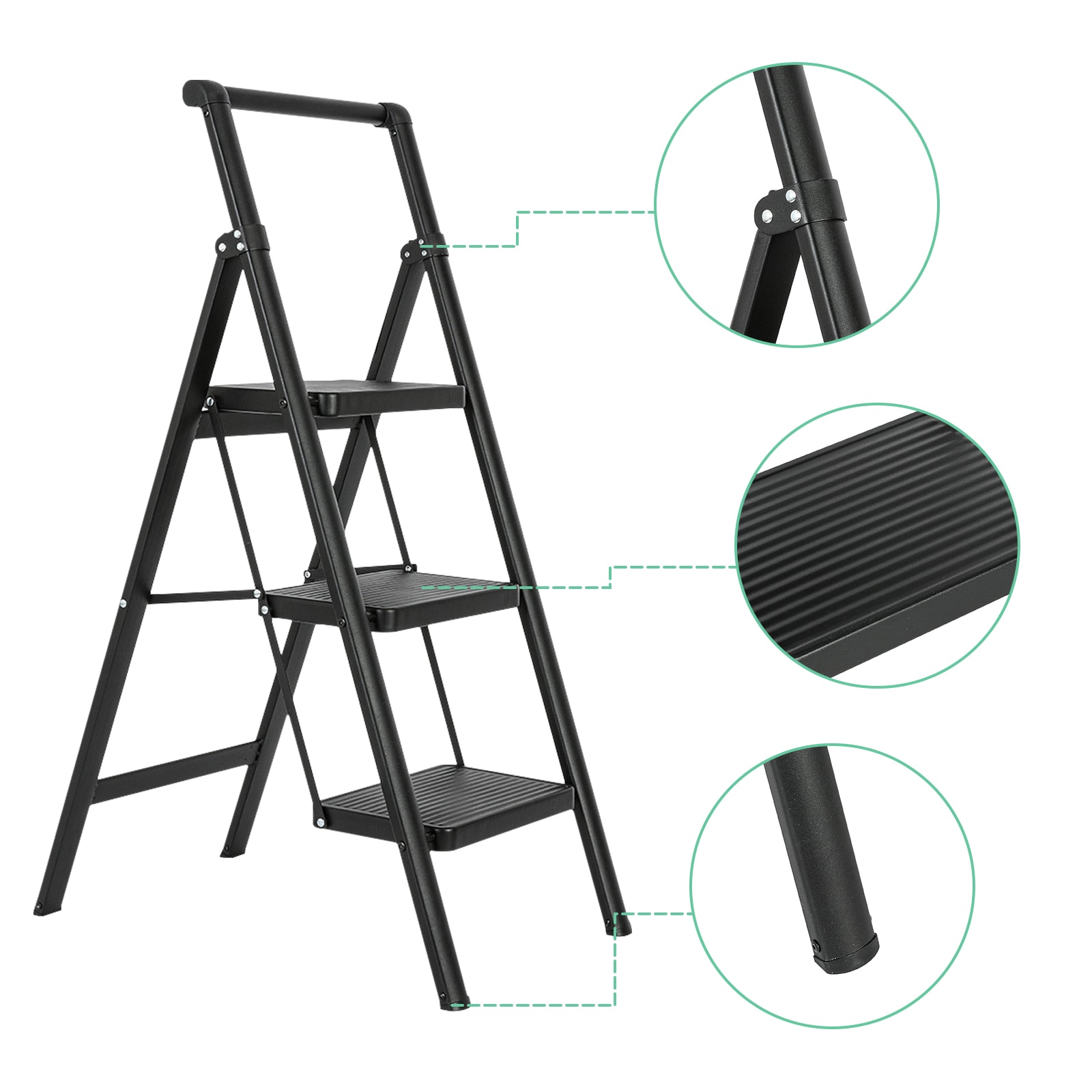 Escalón plegable de acero negro con capacidad de 330 lbs y 3 peldaños Maocao Hoom JL-F4-T3B
