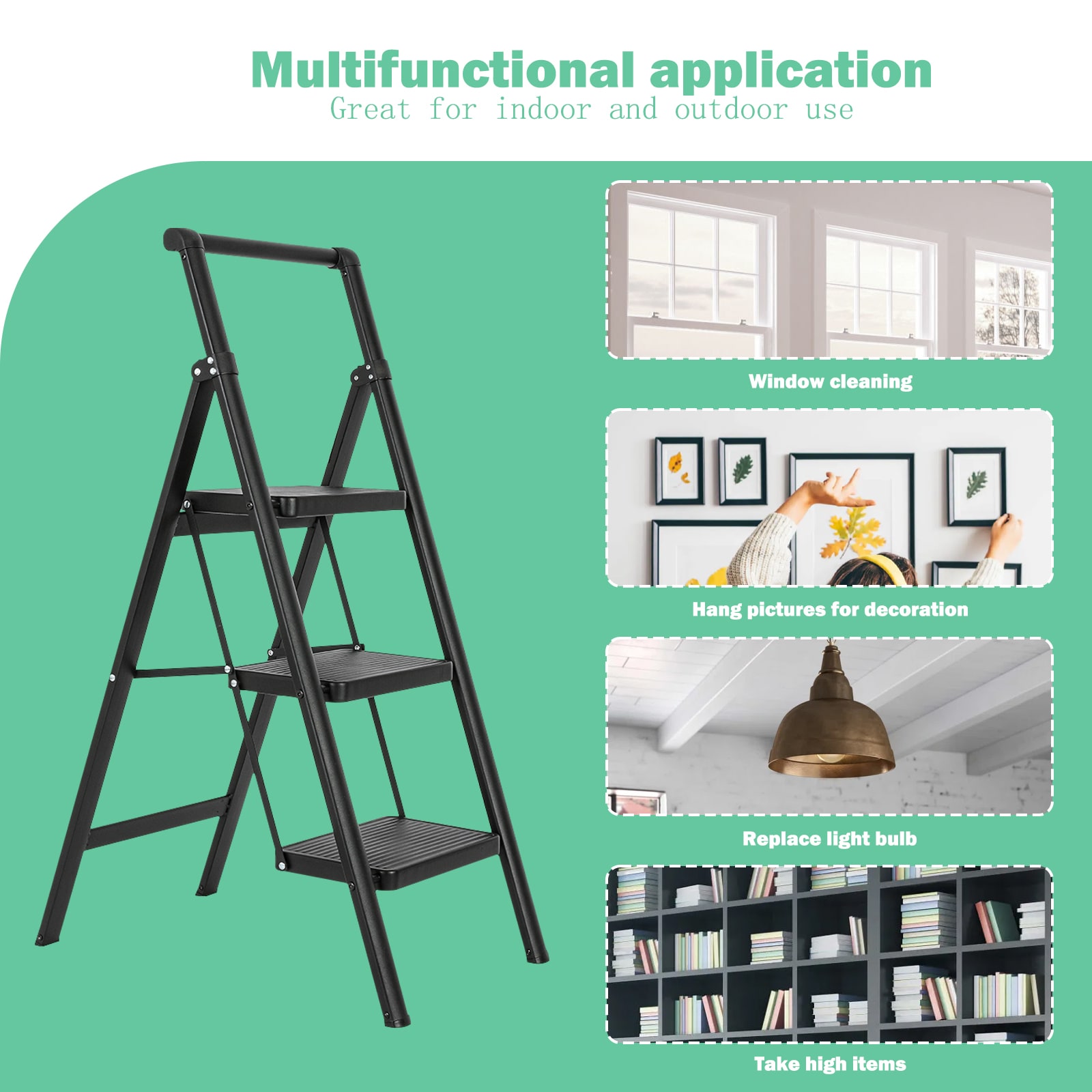 Escalón plegable de acero negro con capacidad de 330 lbs y 3 peldaños Maocao Hoom JL-F4-T3B