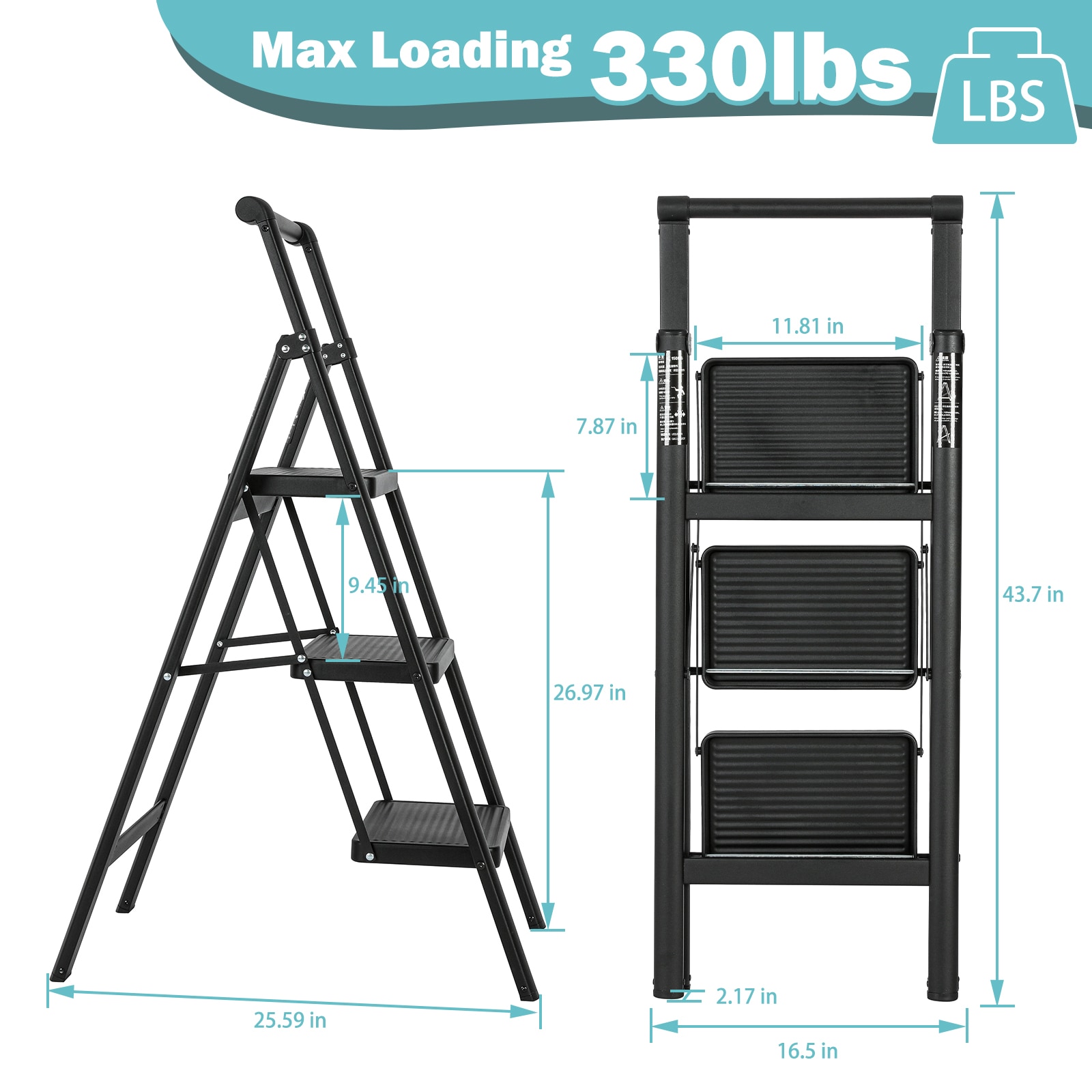 Escalón plegable de acero negro con capacidad de 330 lbs y 3 peldaños Maocao Hoom JL-F4-T3B