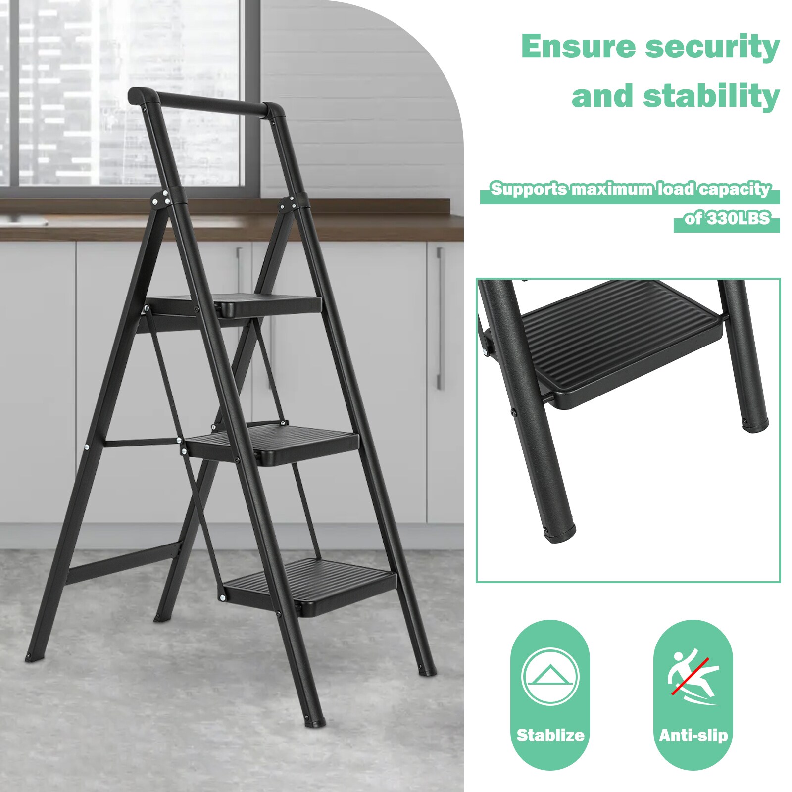 Escalón plegable de acero negro con capacidad de 330 lbs y 3 peldaños Maocao Hoom JL-F4-T3B