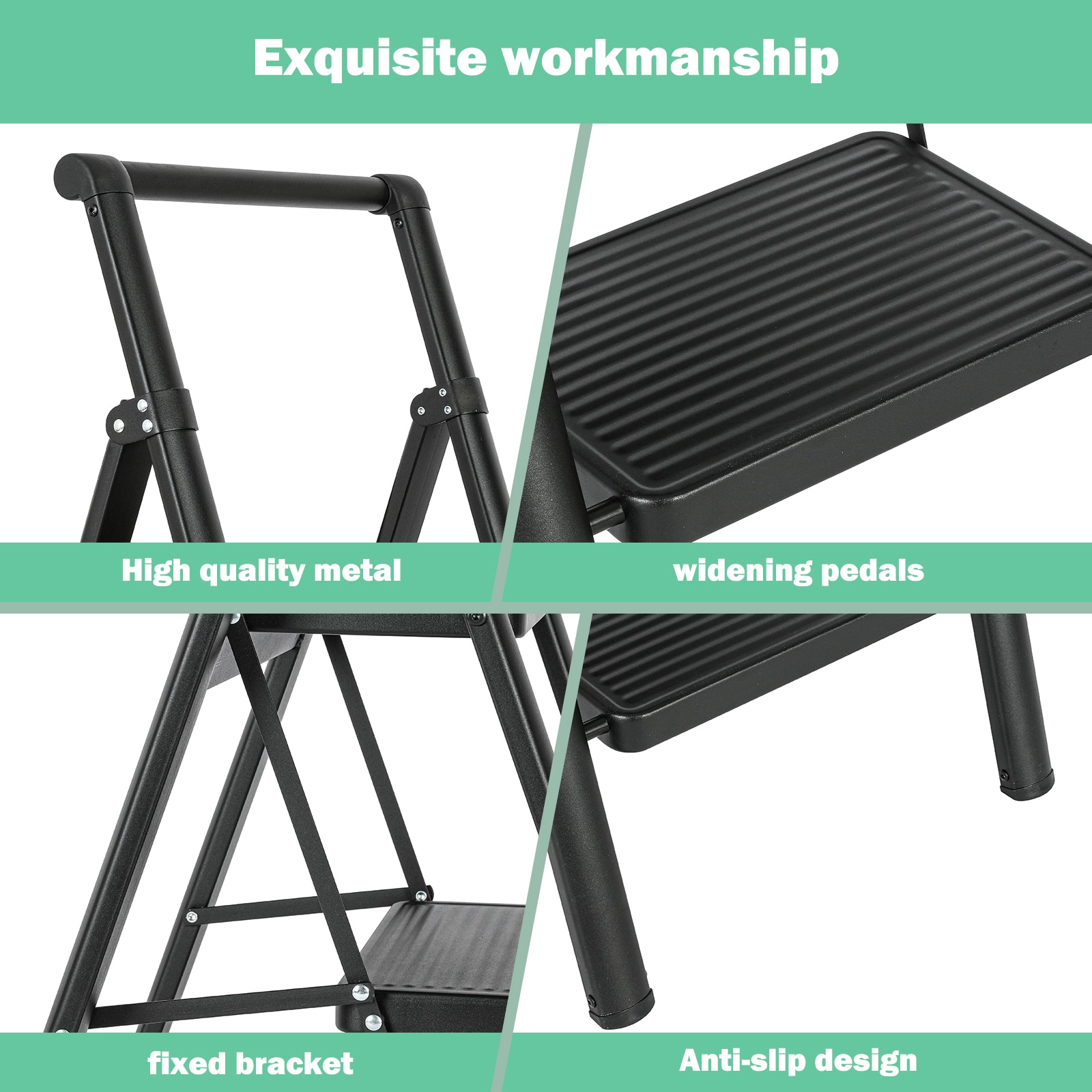 Escalón plegable de acero negro con capacidad de 330 lbs y 3 peldaños Maocao Hoom JL-F4-T3B