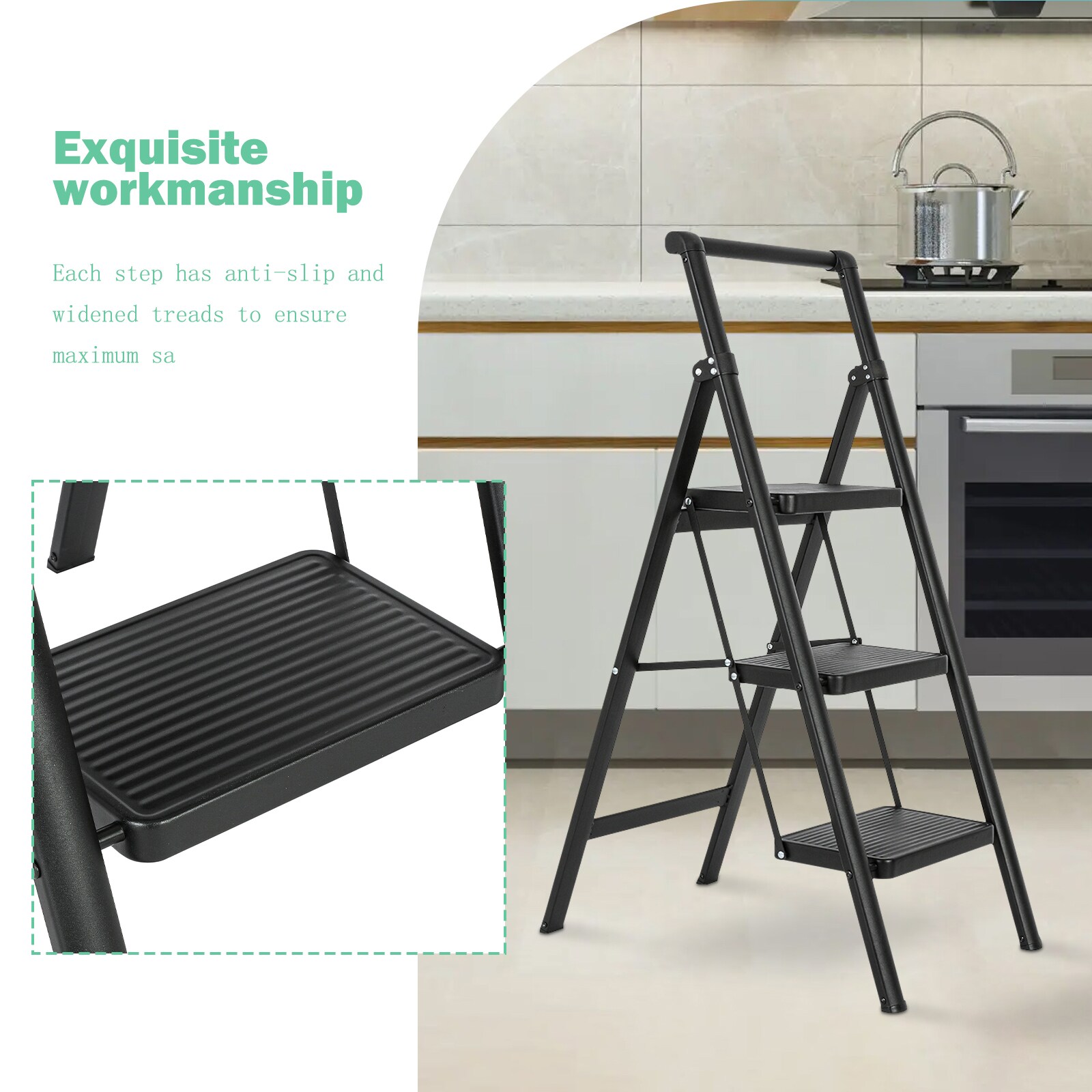 Escalón plegable de acero negro con capacidad de 330 lbs y 3 peldaños Maocao Hoom JL-F4-T3B