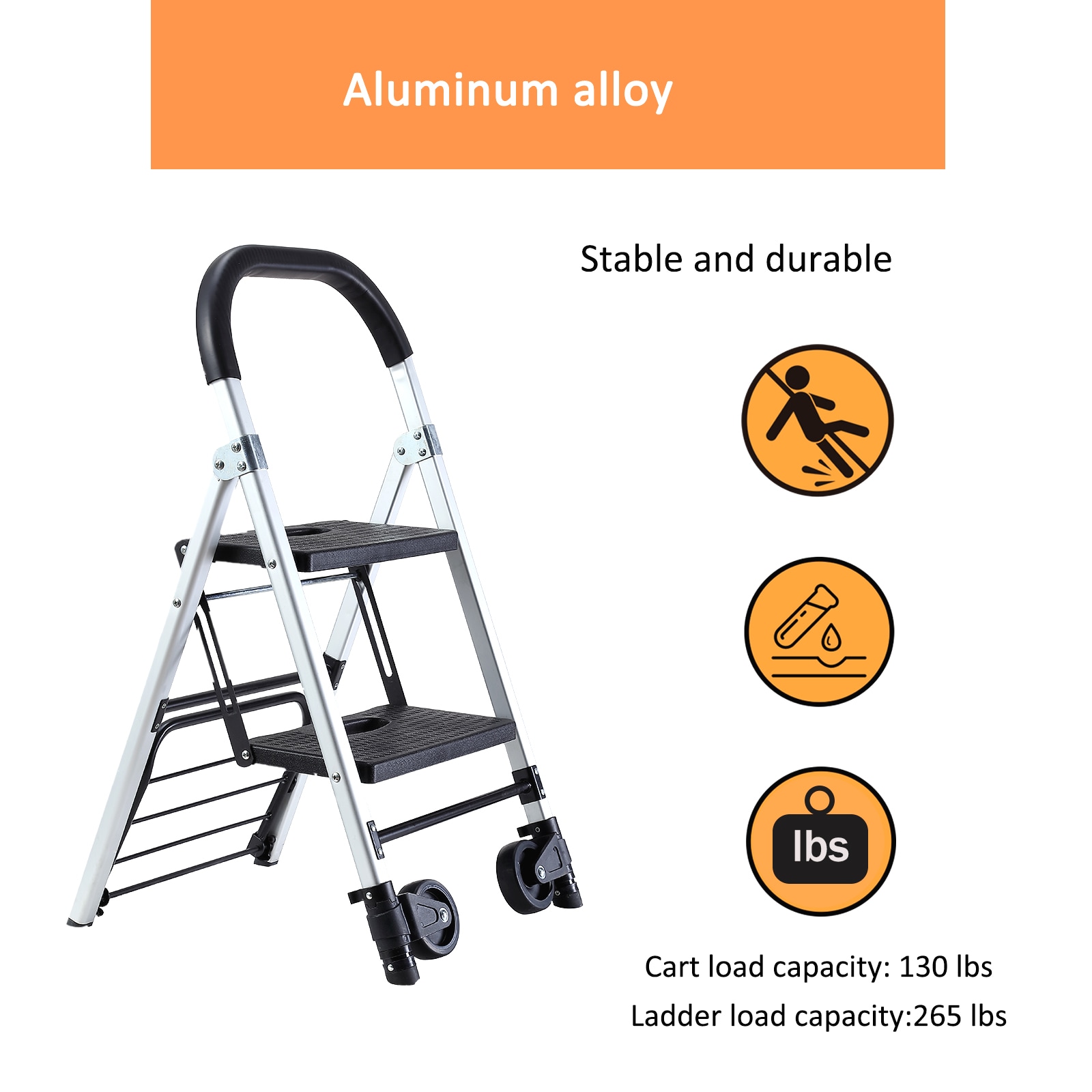 Escalera plegable de doble uso Maocao Hoom para camión de 2 peldaños con capacidad de 265 lb en aluminio negro.