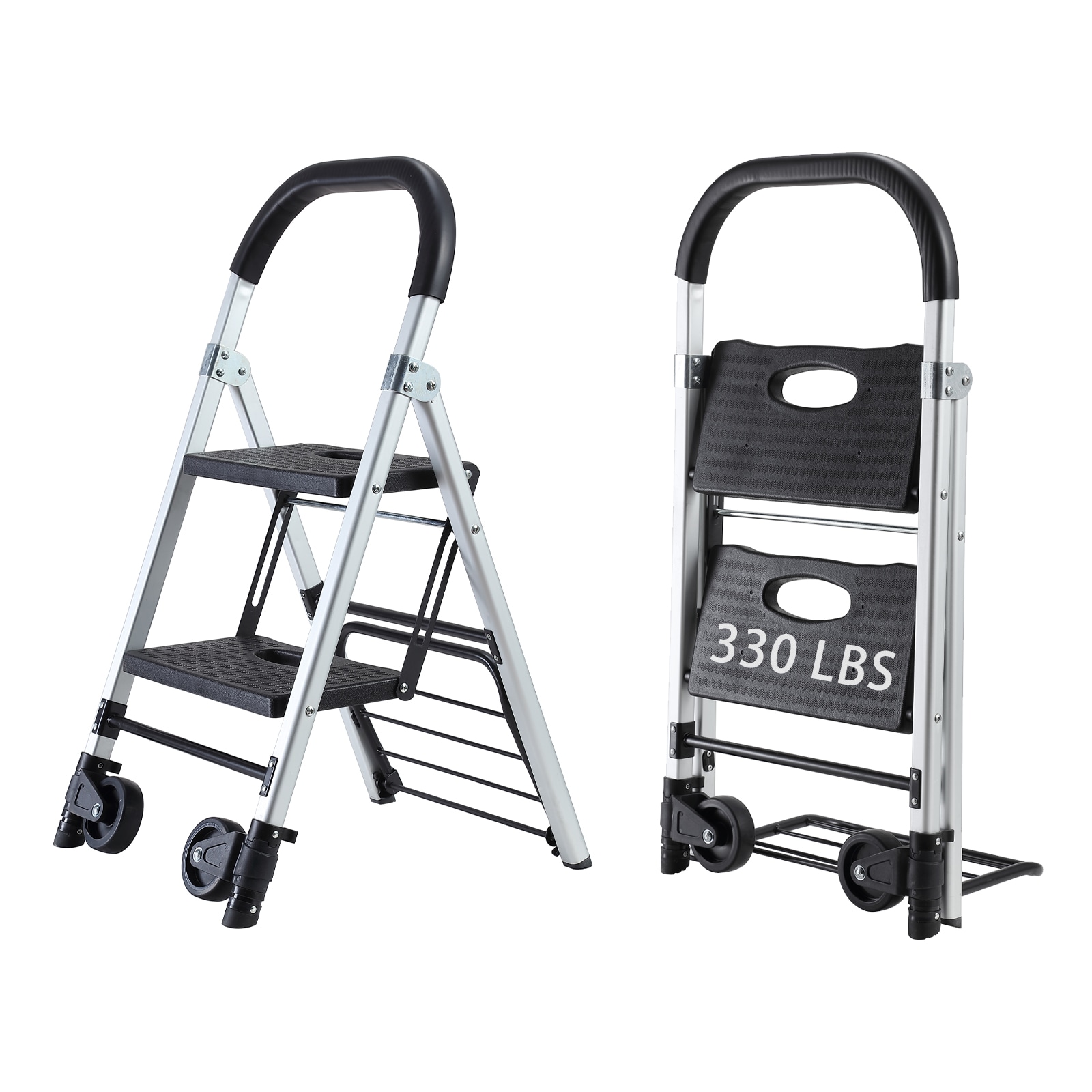 Escalera plegable de doble uso Maocao Hoom para camión de 2 peldaños con capacidad de 265 lb en aluminio negro.