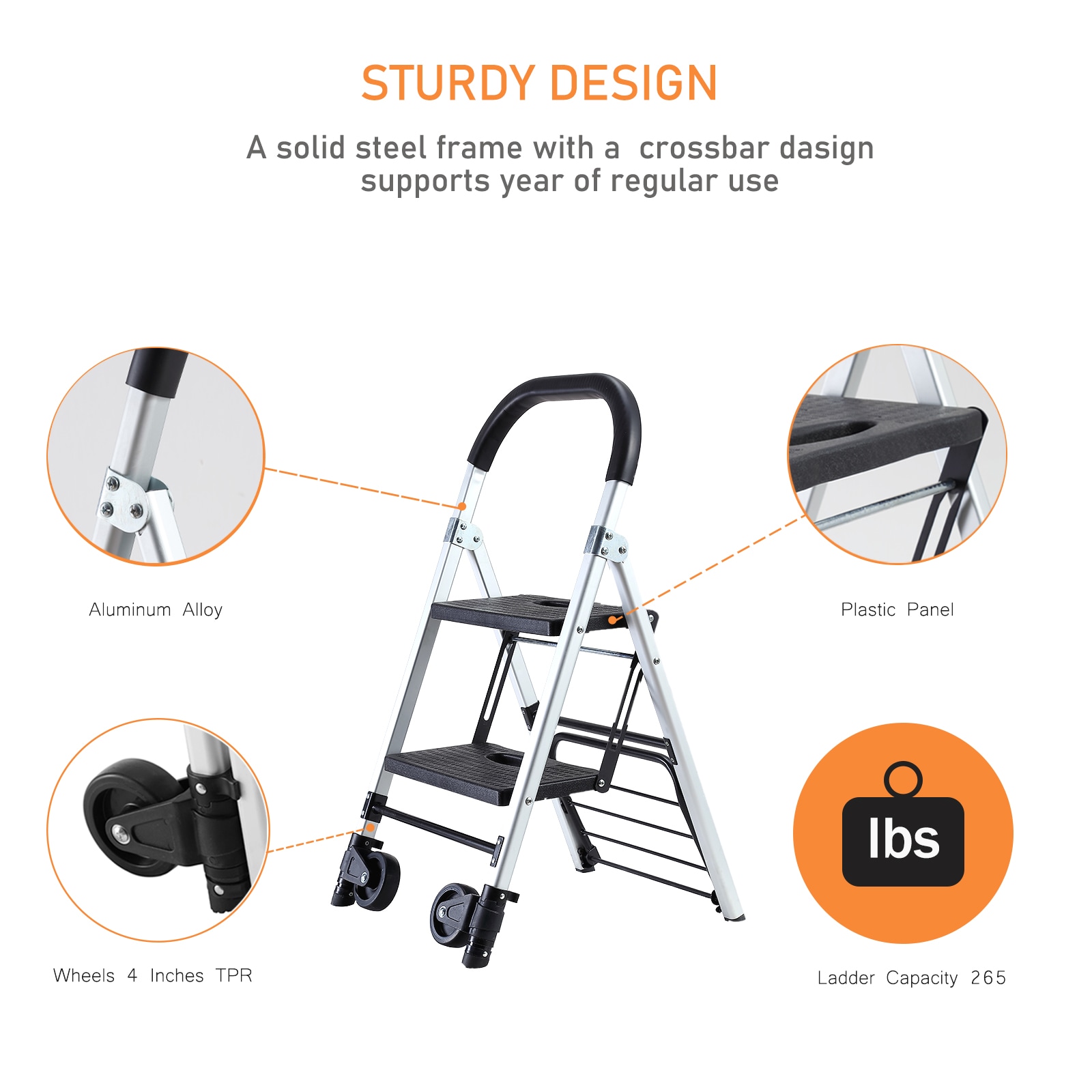 Escalera plegable de doble uso Maocao Hoom para camión de 2 peldaños con capacidad de 265 lb en aluminio negro.
