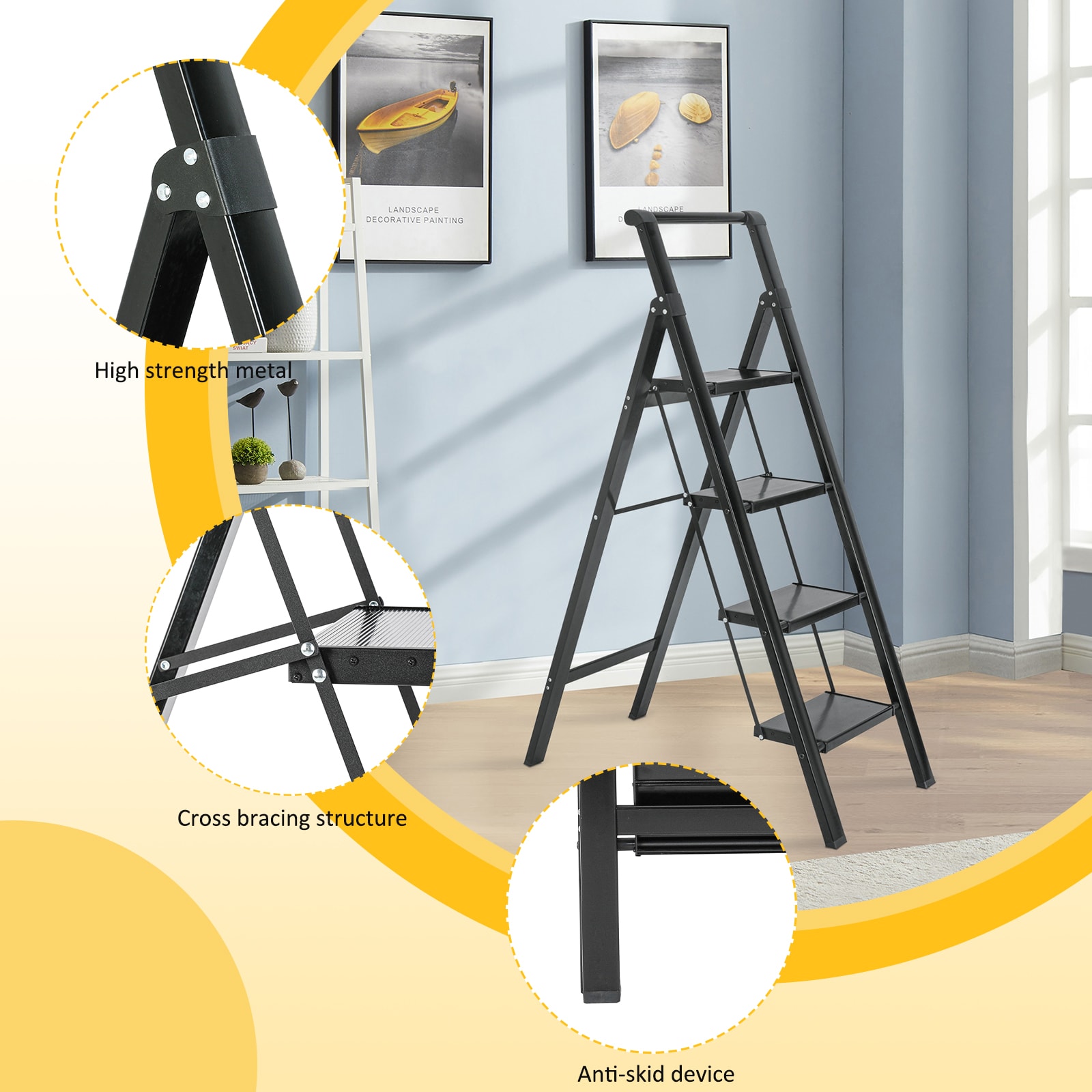 Taburete Plegable de Acero Negro con Capacidad de 330 lb y 4 Peldaños Maocao Hoom JL-F4-T4B