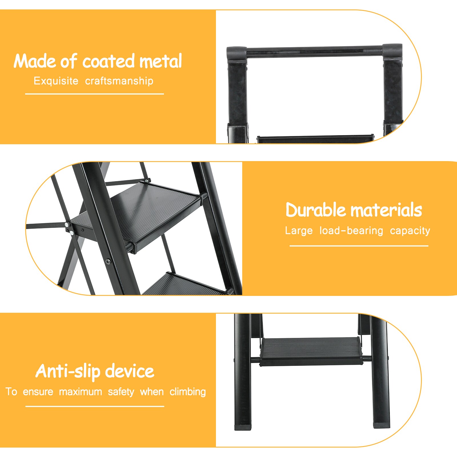 Taburete Plegable de Acero Negro con Capacidad de 330 lb y 4 Peldaños Maocao Hoom JL-F4-T4B