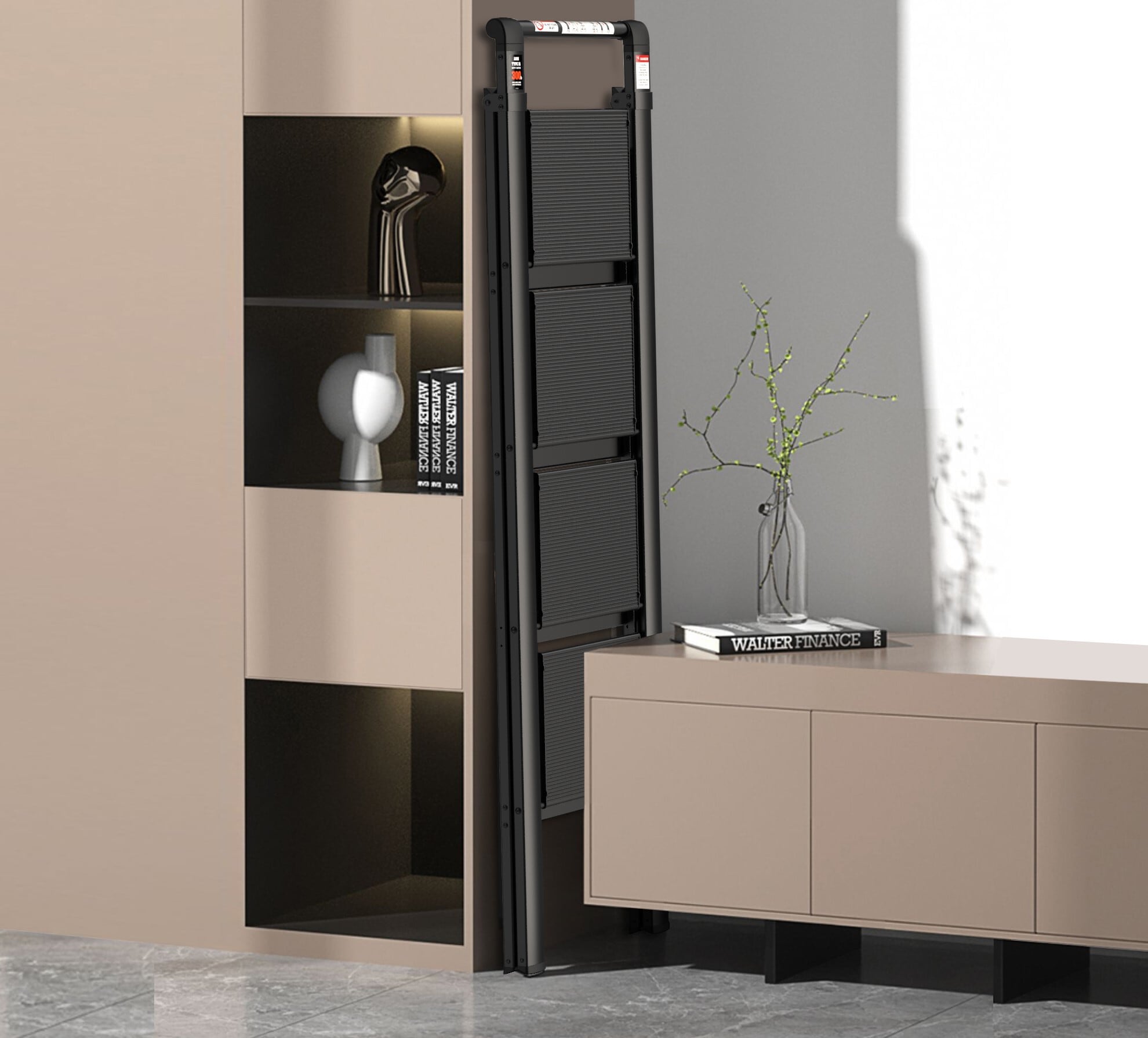 Taburete Plegable de Aluminio Negro con Capacidad de 300 lbs. de 4 Pasos Kahomvis