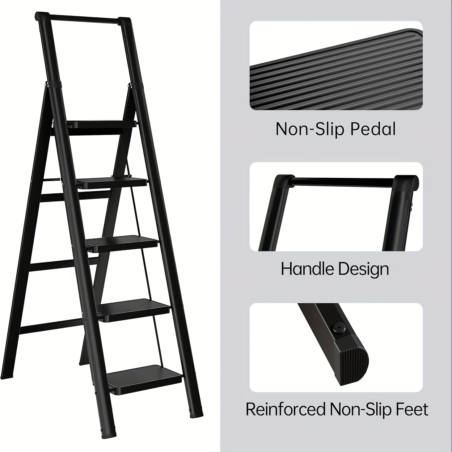 Taburete Plegable de Acero Negro con Capacidad de 600 libras de WELLFOR de 5 Pasos TL-HGY-29084