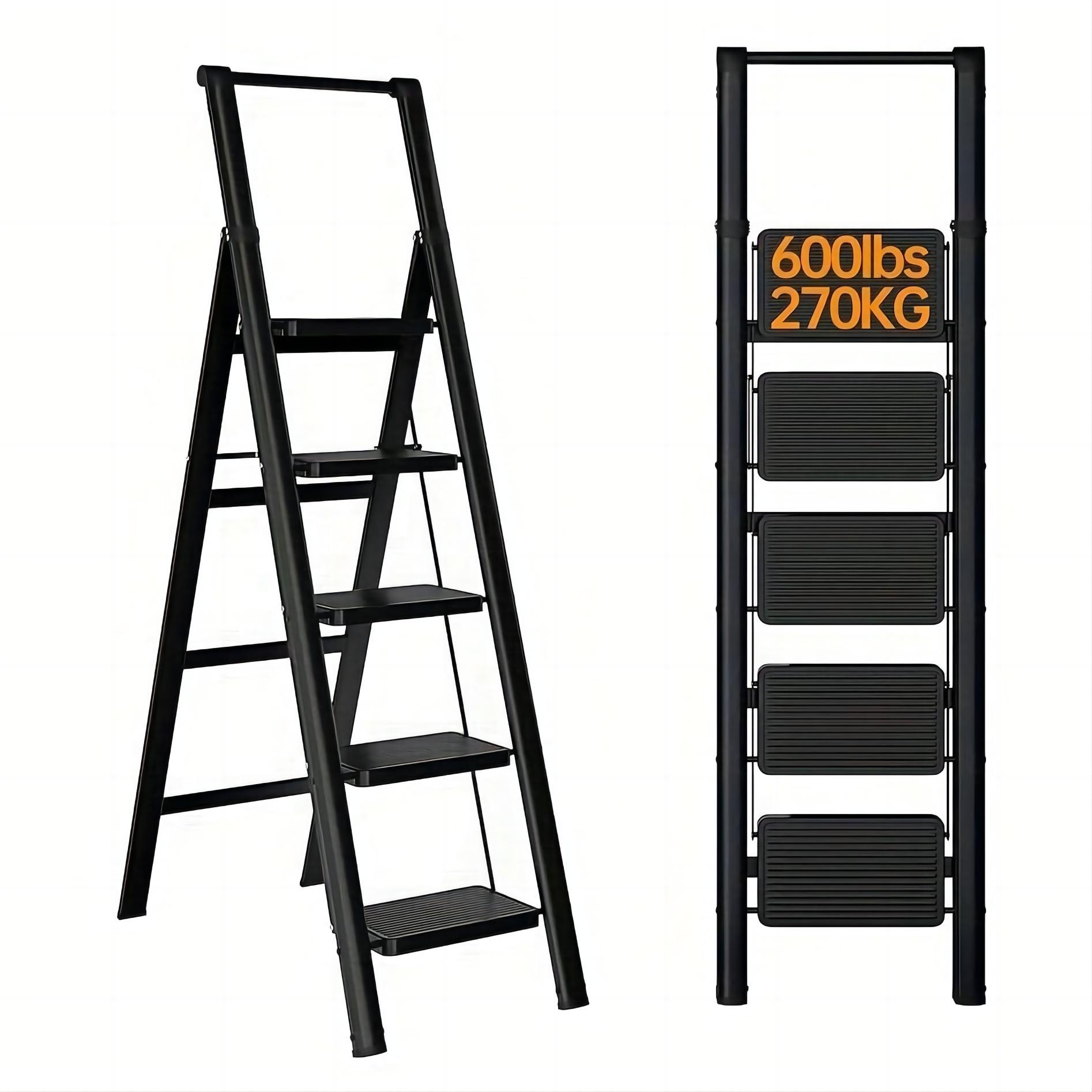 Taburete Plegable de Acero Negro con Capacidad de 600 libras de WELLFOR de 5 Pasos TL-HGY-29084