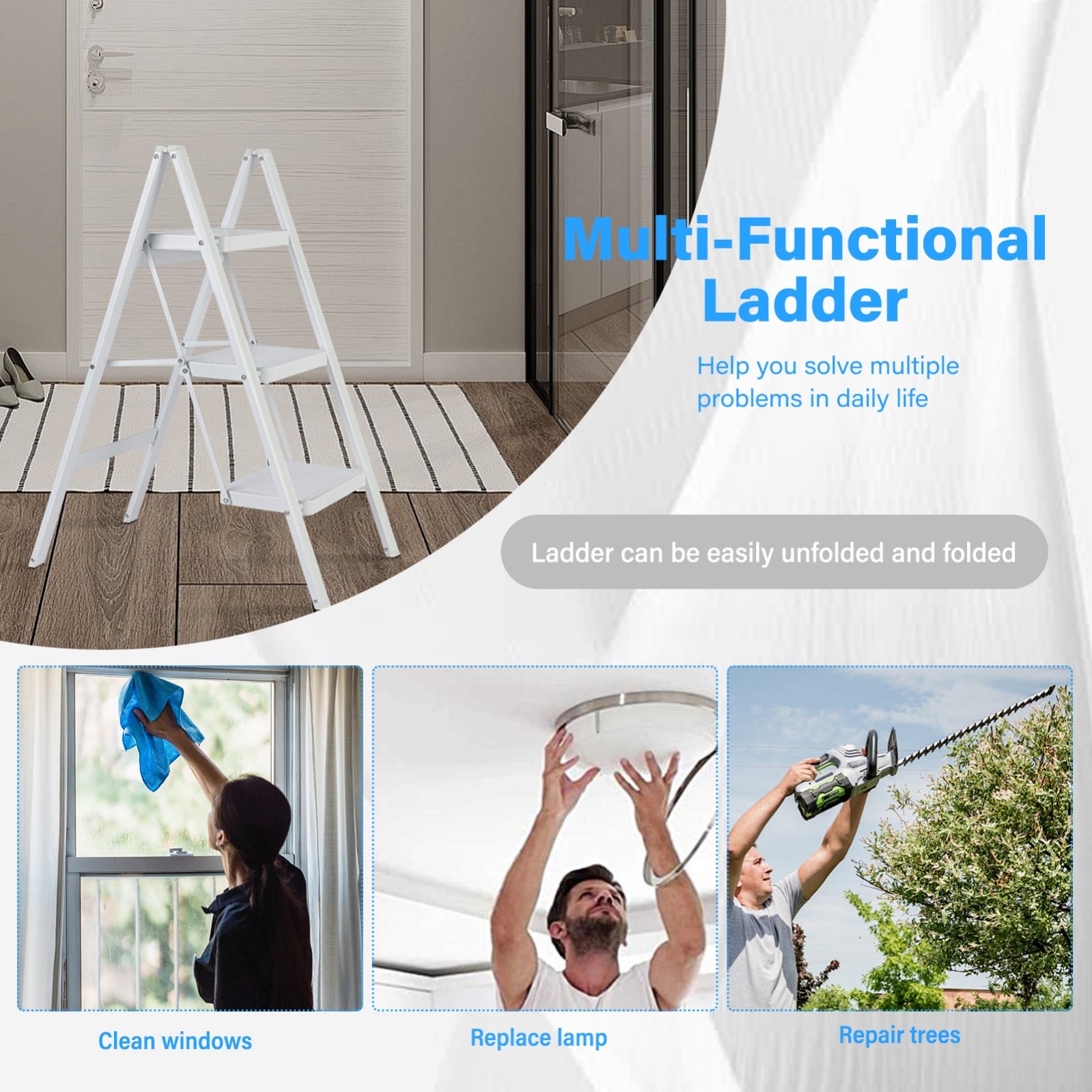 Escalera de 3 Pasos Siavonce - Capacidad de 330 lb, Plegable, de Acero Blanco