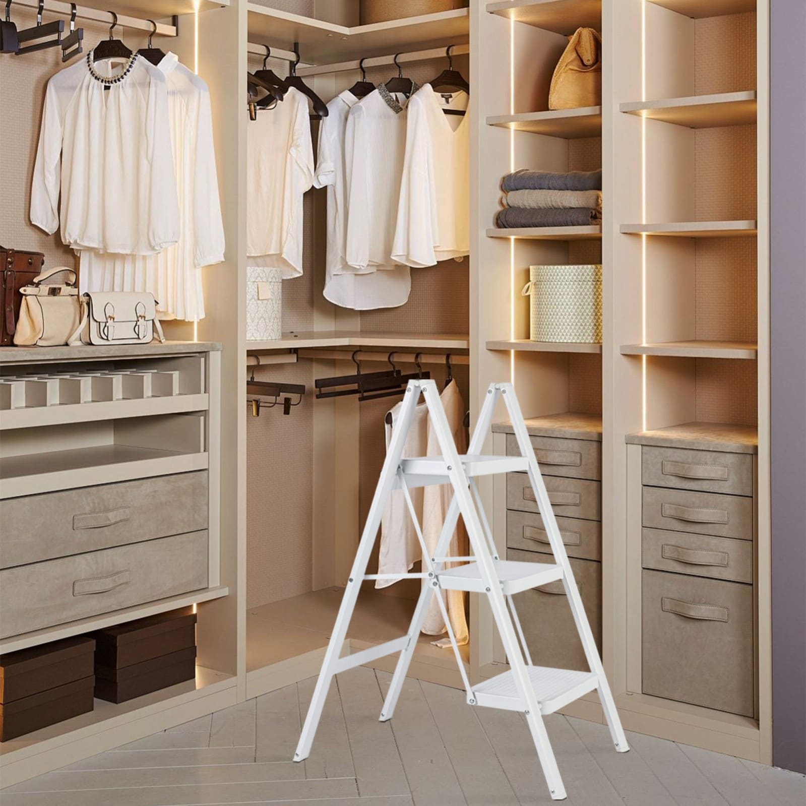 Escalera de 3 Pasos Siavonce - Capacidad de 330 lb, Plegable, de Acero Blanco