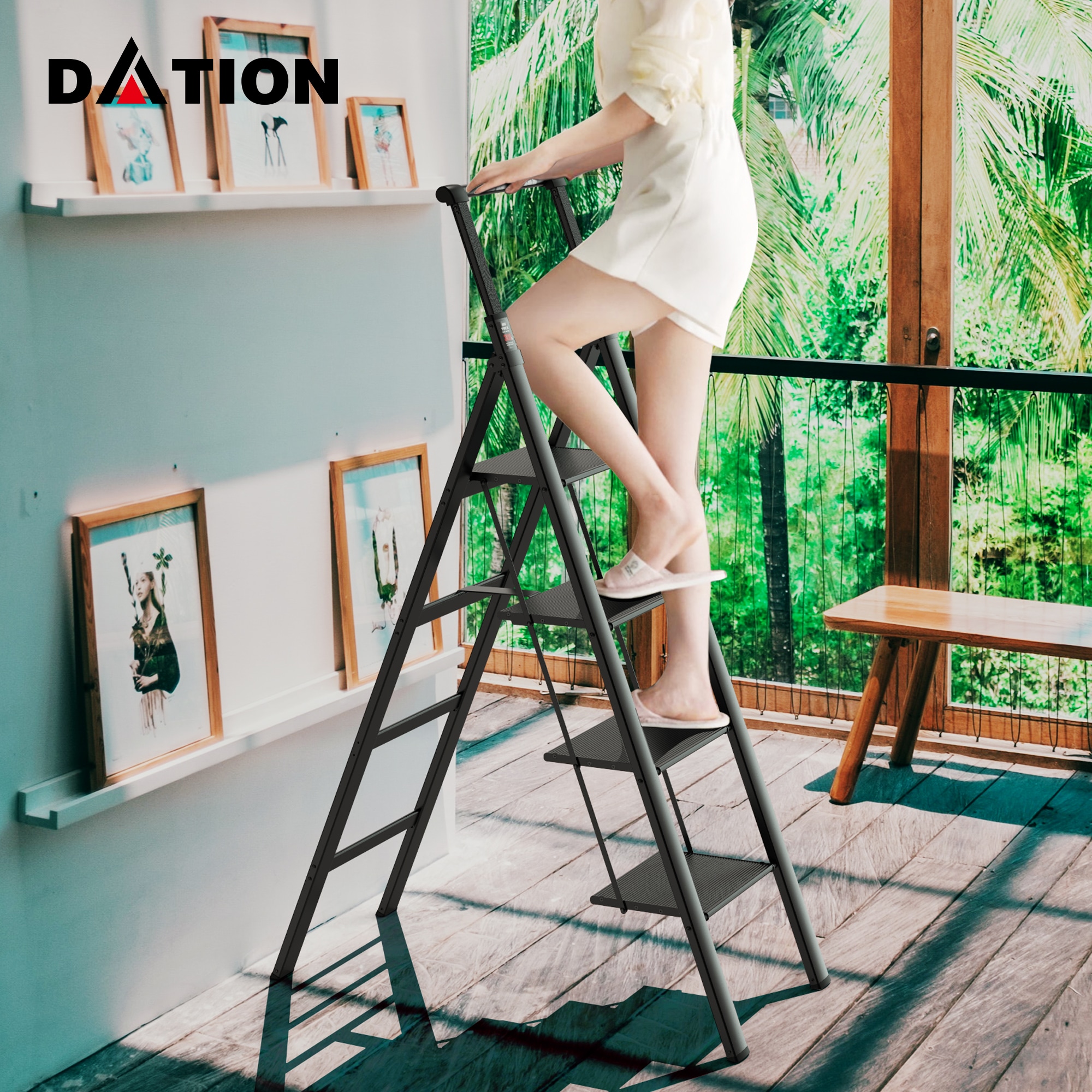 Escalera de 4 peldaños Maocao Hoom con capacidad de 300 lb, escalón plegable de aluminio negro